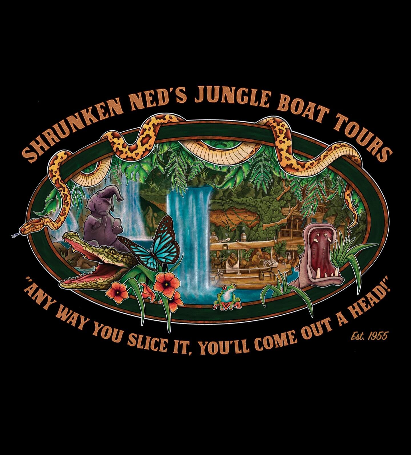 After FAR too long working on this in the background of other projects, Im happy to finally show my new take on an old @foolishmortalsupplyco design. &ldquo;Shrunken Ned&rsquo;s Jungle Boat Tours&rdquo;

🌴😵🌴

&ldquo;Any way you slice it, you&rsquo