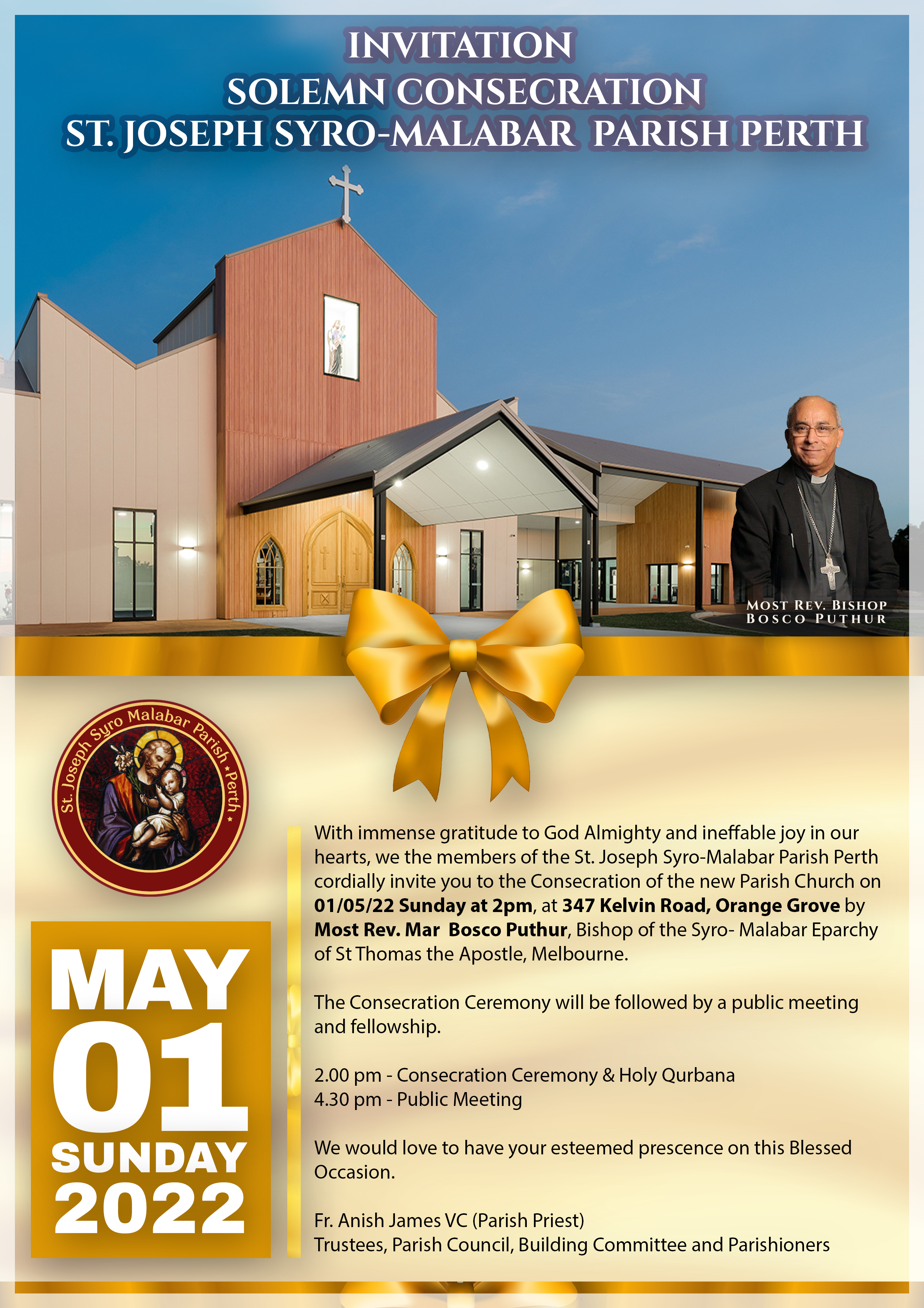 Invitation for the Solemn Consecration of St. Joseph Syro-Malabar Parish in Perth, featuring an image of the church building, a priest, and a gold ribbon at the bottom.