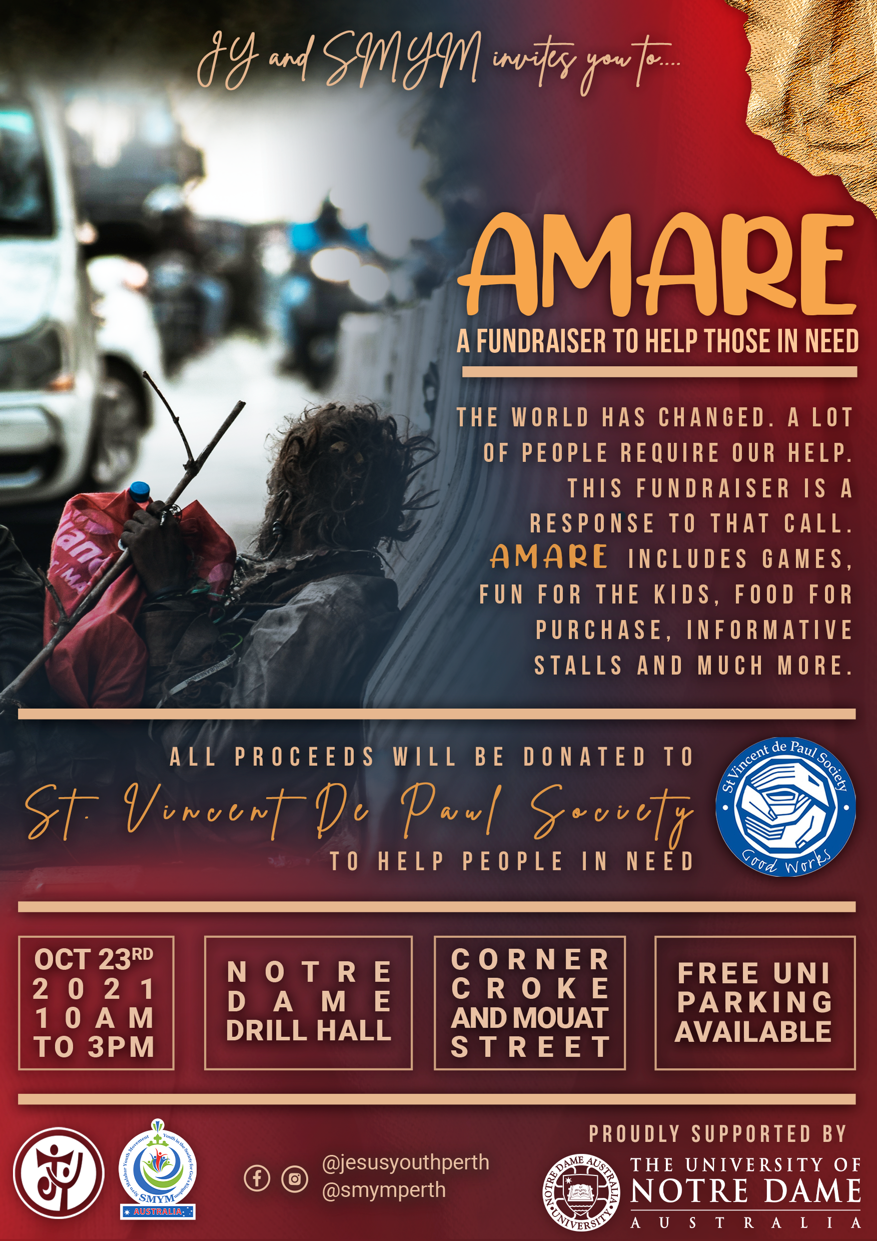 Invitation poster for a fundraiser event called Amare, organized by SMY and SMYM, to support those in need through various activities including games, kids' fun, food, and stalls. The event is scheduled for October 23, 2021, from 10 am to 3 pm at Not