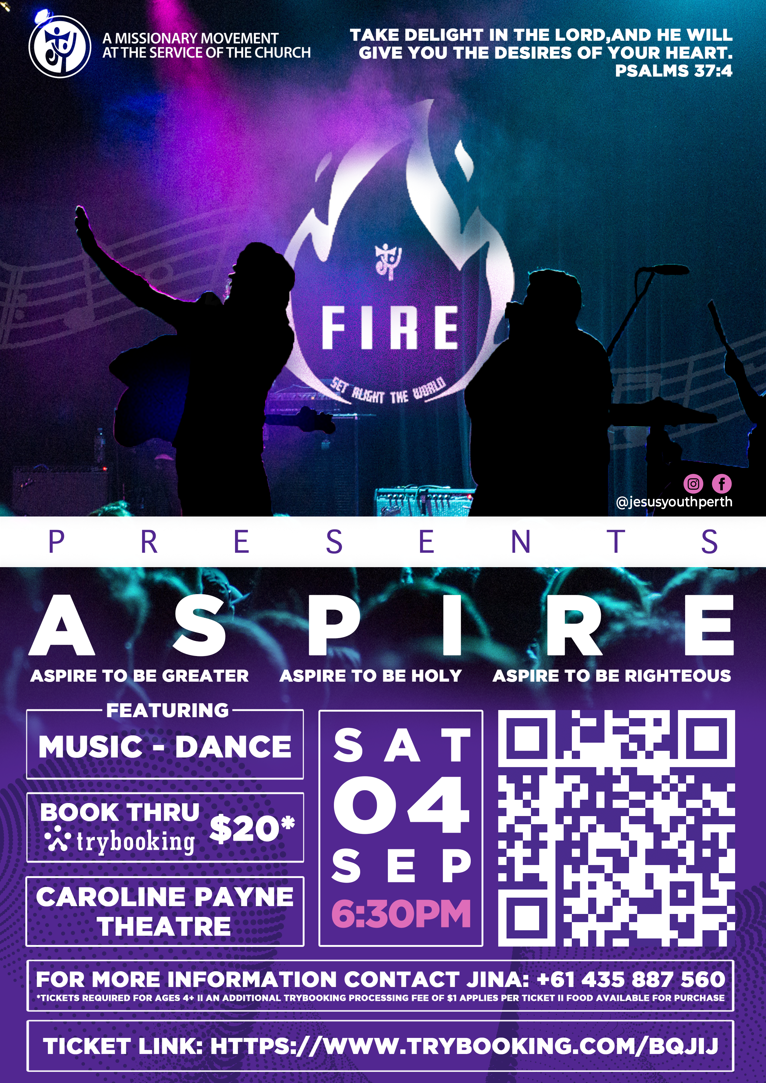 Event poster for 'Aspire' featuring music and dance, scheduled for Saturday, September 4th at 6:30 PM at Caroline Payne Theatre, with a QR code and ticket link. Top left shows a church logo and message about the mission of the church, with bold text 