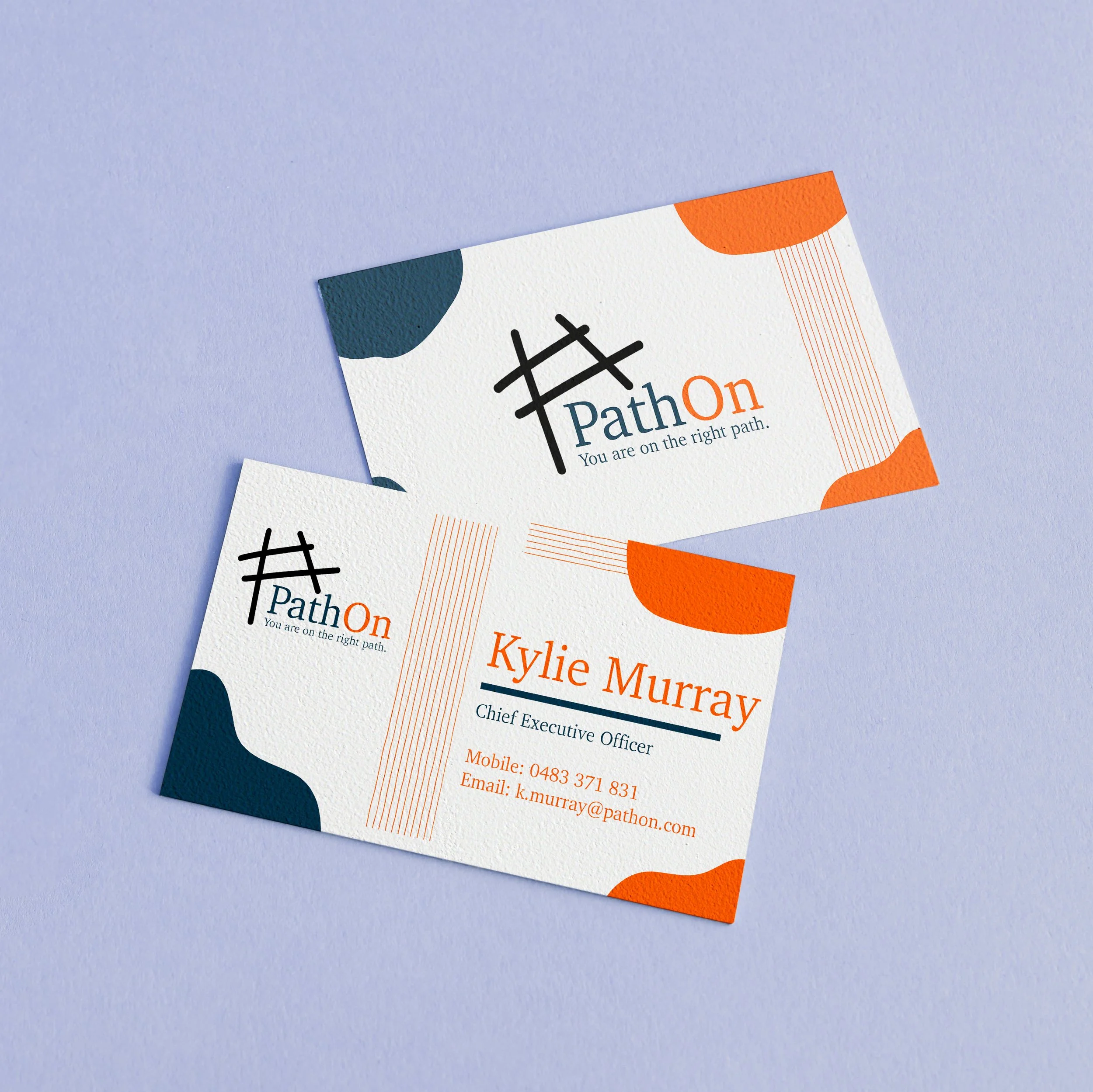 Business card design with the logo 'PathOn' and the tagline 'You are on the right path,' featuring the name Kylie Murray, Chief Executive Officer, contact number, and email on a white background with orange and dark blue curved accents.