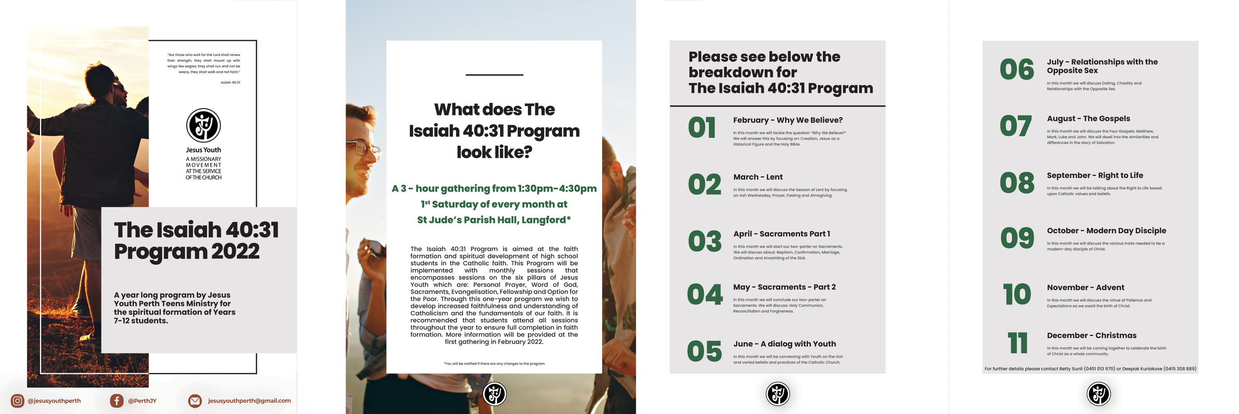 Brochure for the Isaiah 40:31 Program 2022, organized by Jesus Youth Perth Teens Ministry, featuring a sunset background with people and detailed schedule of monthly faith-based sessions.