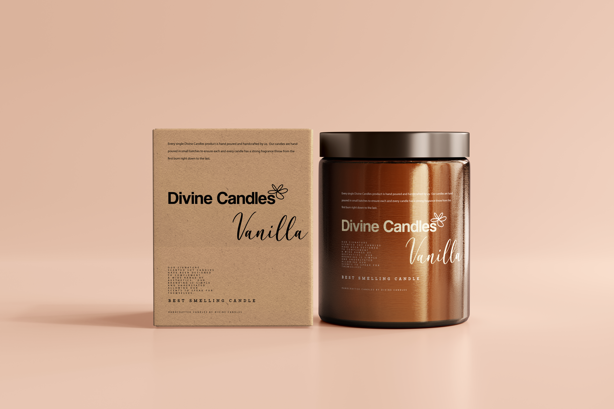 A brown jar of Divine Candles Vanilla scented candle next to its packaging box on a pink background.