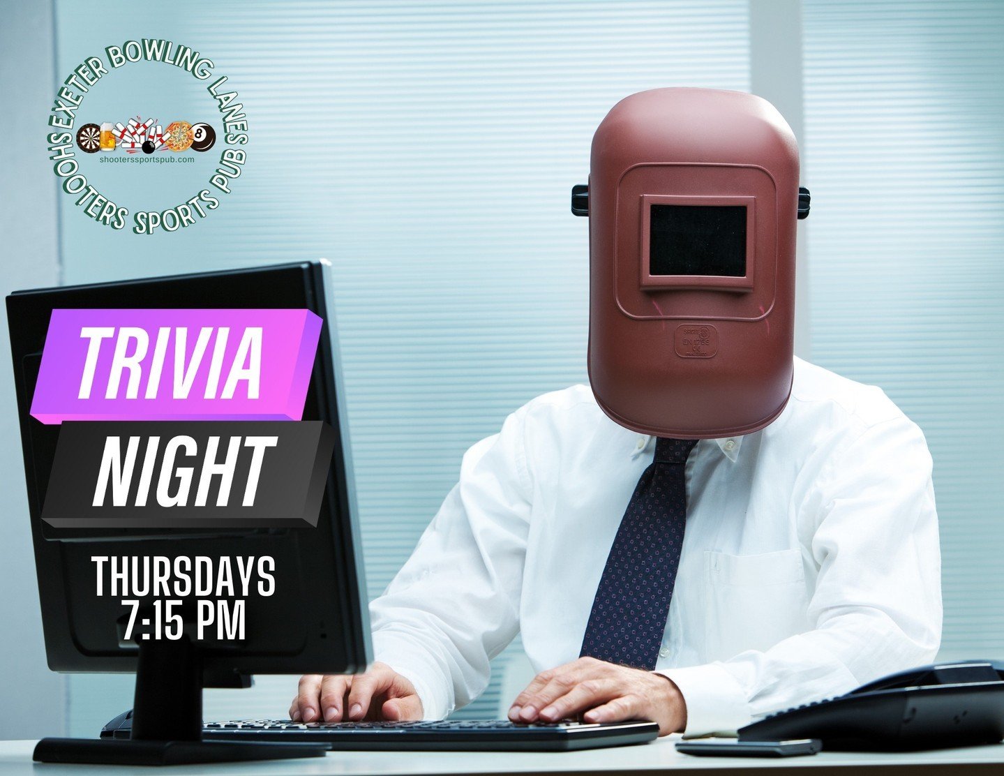 🤔✨ Thursday Night Trivia! 7:15 pm. ⁠
⁠
Think you have what it takes? Even if you're as prepared as a man wearing a welder's mask at a desk, we promise a night of fun, laughs, and brain teasers! #TriviaNight #QuizMasters⁠
