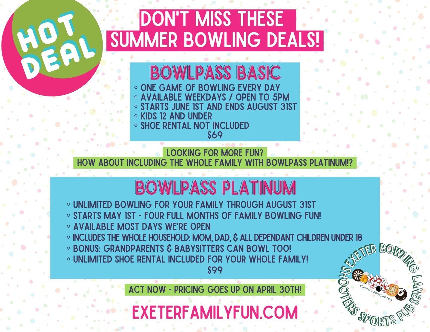 Offer ends April 30! ⁠
⁠
It's crunch time for our Summer Bowl Pass deal, and we just can't let you miss out! 🚨🎉⁠
⁠
Starting at just $69, you're all set for a summer filled with strikes, laughs, and unlimited fun! But hey, the clock&rsquo;s ticking.