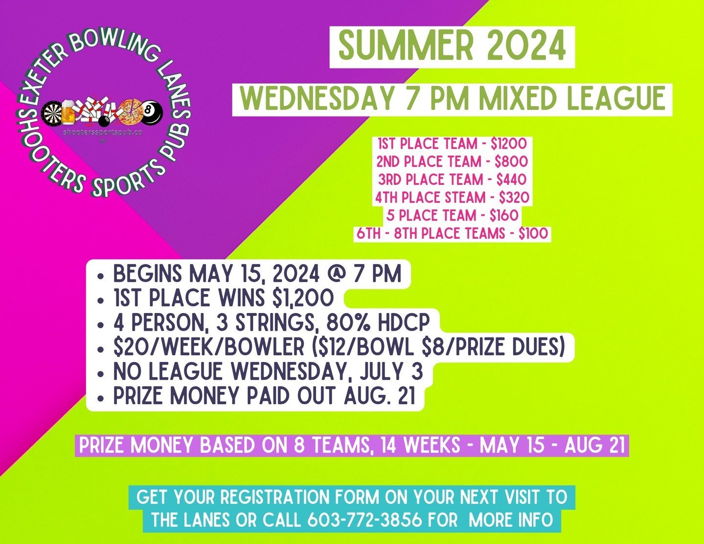 Who's ready to roll their way to $1200? 🎳💰 ⁠
⁠
Summer Mixed League starts 5/15, Wednesdays at 7 pm. Sign up, show up, bowl up! ⁠
⁠
#SummerLeague #BowlingNights⁠