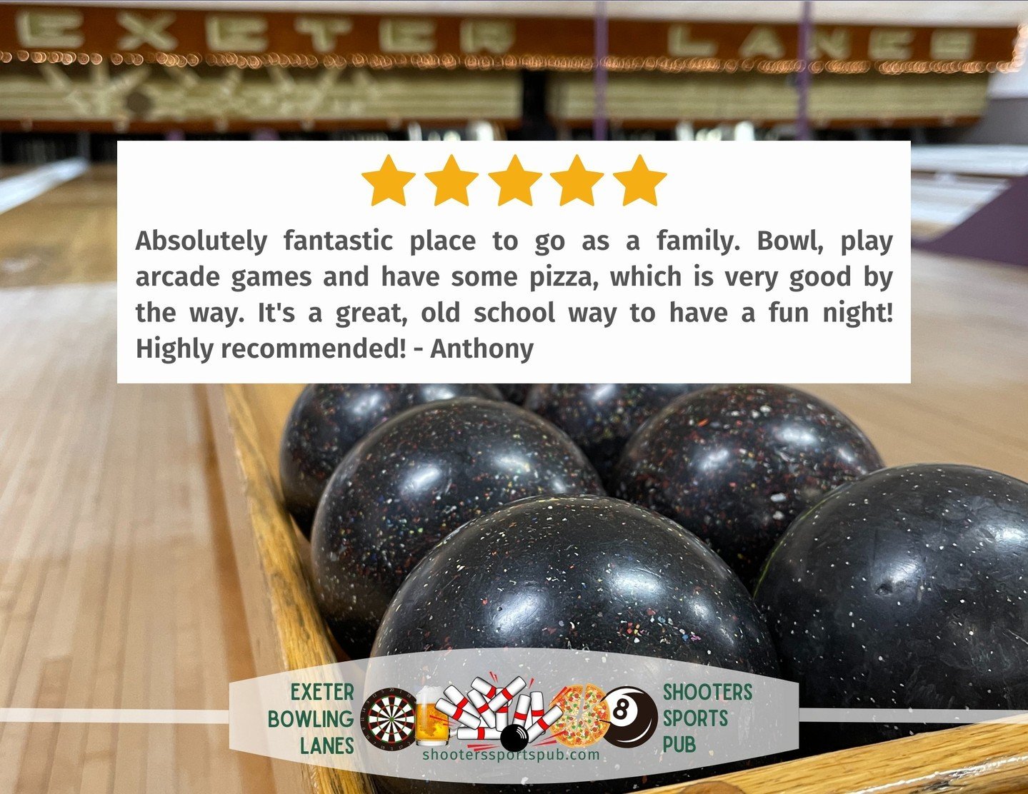 Open Bowling This Weekend:⁠
Friday: 9:30 am - 10 pm ⁠
Saturday: 9:30 am - 2:00 pm and 5 - 10 pm⁠
Sunday: 9:30 - 8 pm⁠
⁠
🌟 Thanks for your glowing 5-star review, Anthony! ⁠
⁠
It's always our joy to provide a memorable, old-school, fun-filled experien