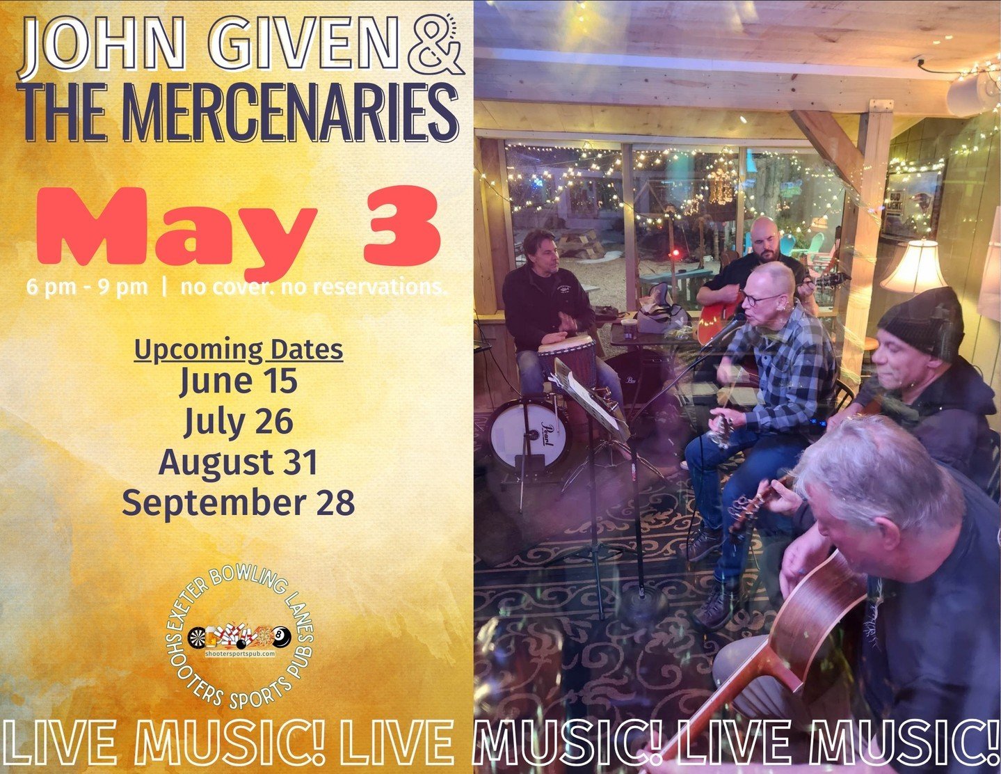 🎶 Get ready for an epic night with John Given &amp; The Mercenaries on May 3rd! 🌤️ ⁠
⁠
Beer garden or porch, we&rsquo;re set for any weather. ⁠
⁠
#LiveMusic #ShootersGig⁠
⁠