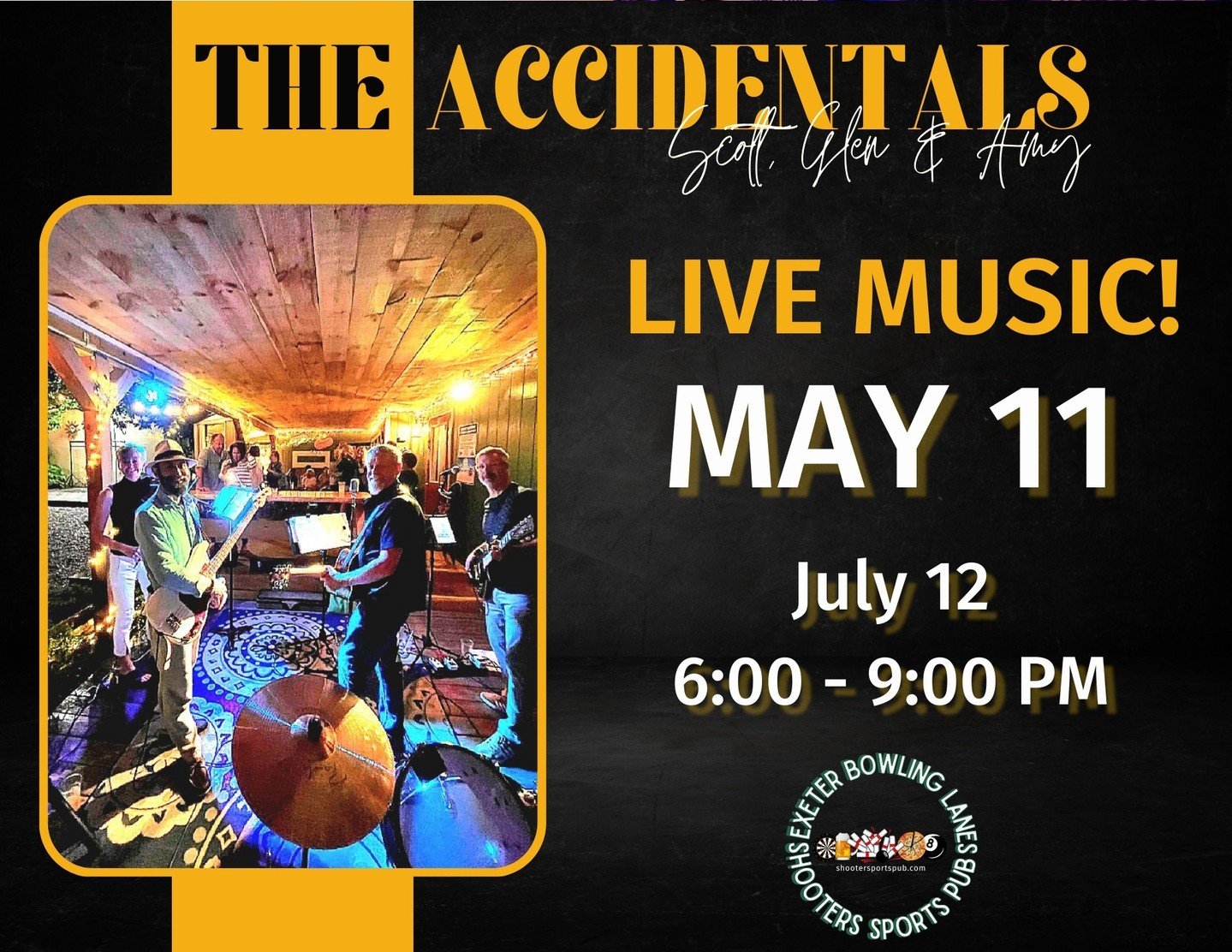 🌟🎶 Saturday 5/11, The Accidentals are bringing the vibe to Shooters' beer garden! ⁠
Unique tunes under the stars &ndash; you don&rsquo;t want to miss it!⁠
#TheAccidentalsLive #ShootersBeerGarden⁠