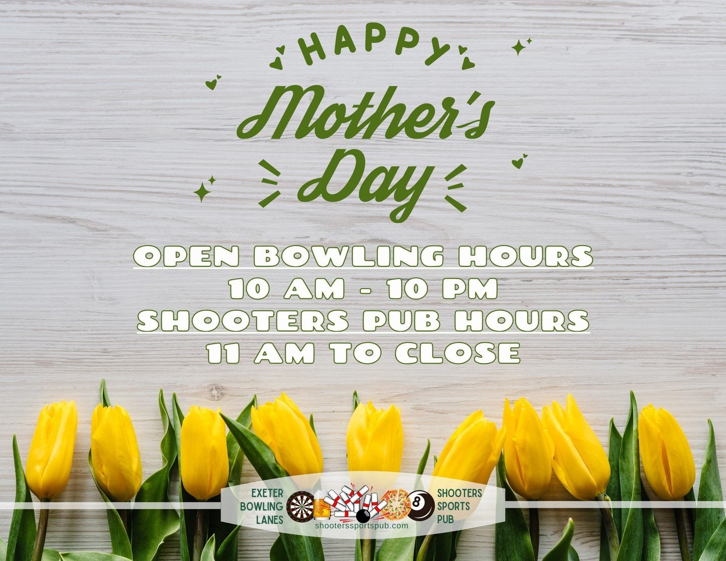 💐🍻 To all the maternal role models out there, Happy Mother's Day from all of us at Shooters Pub and Exeter Lanes! ⁠
⁠
Whether it's family time or your own time-out, we're here for you. 🎳🧘&zwj;♀️ ⁠
⁠
#MothersDayMagic #FamilyOrMeTime⁠