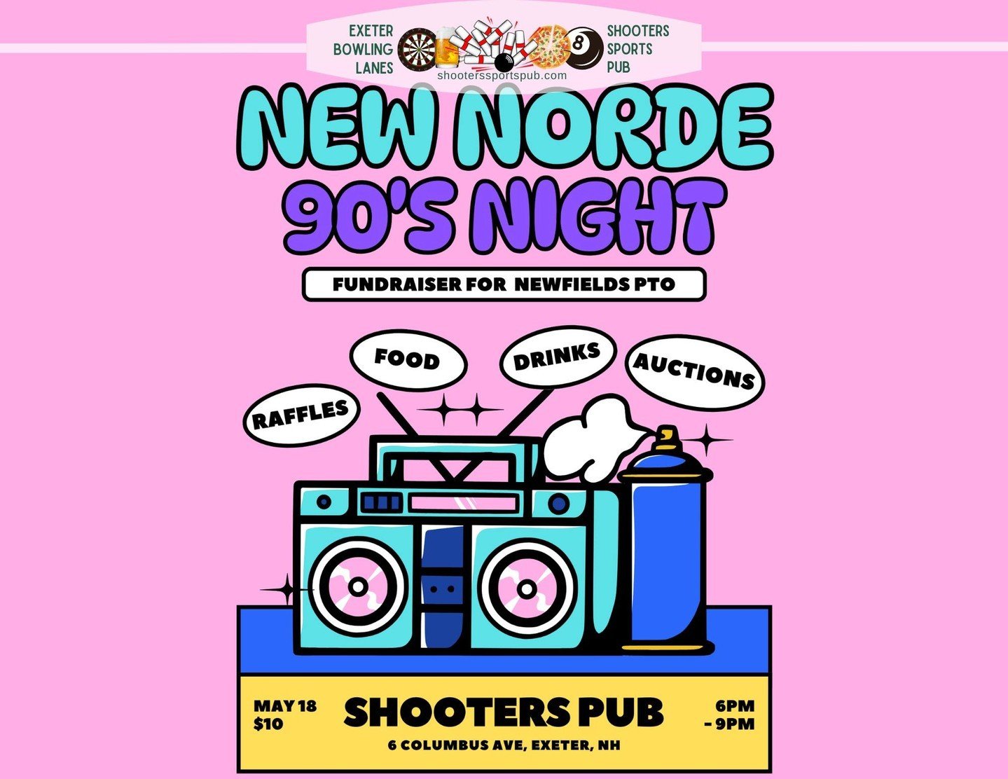 Get ready to party like it's the '90s, because the Newfields PTO is bringing the nostalgia to Shooters Pub! 🎉 ⁠
⁠
Join them on May 18th from 6 pm - 9 pm for an epic New Norde '90s Night. ⁠
⁠
Dust off your flannel shirts, grab your scrunchies, and le