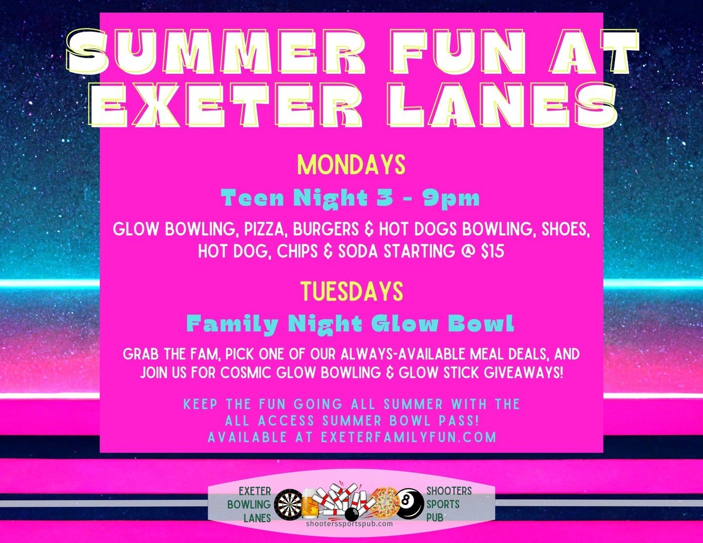 Summer's heating up with cool lanes! 🌞🎳 Teen nights, family fun times, and don't forget&mdash;unlimited summer bowl passes are still up for grabs at exeterfamilyfun.com!