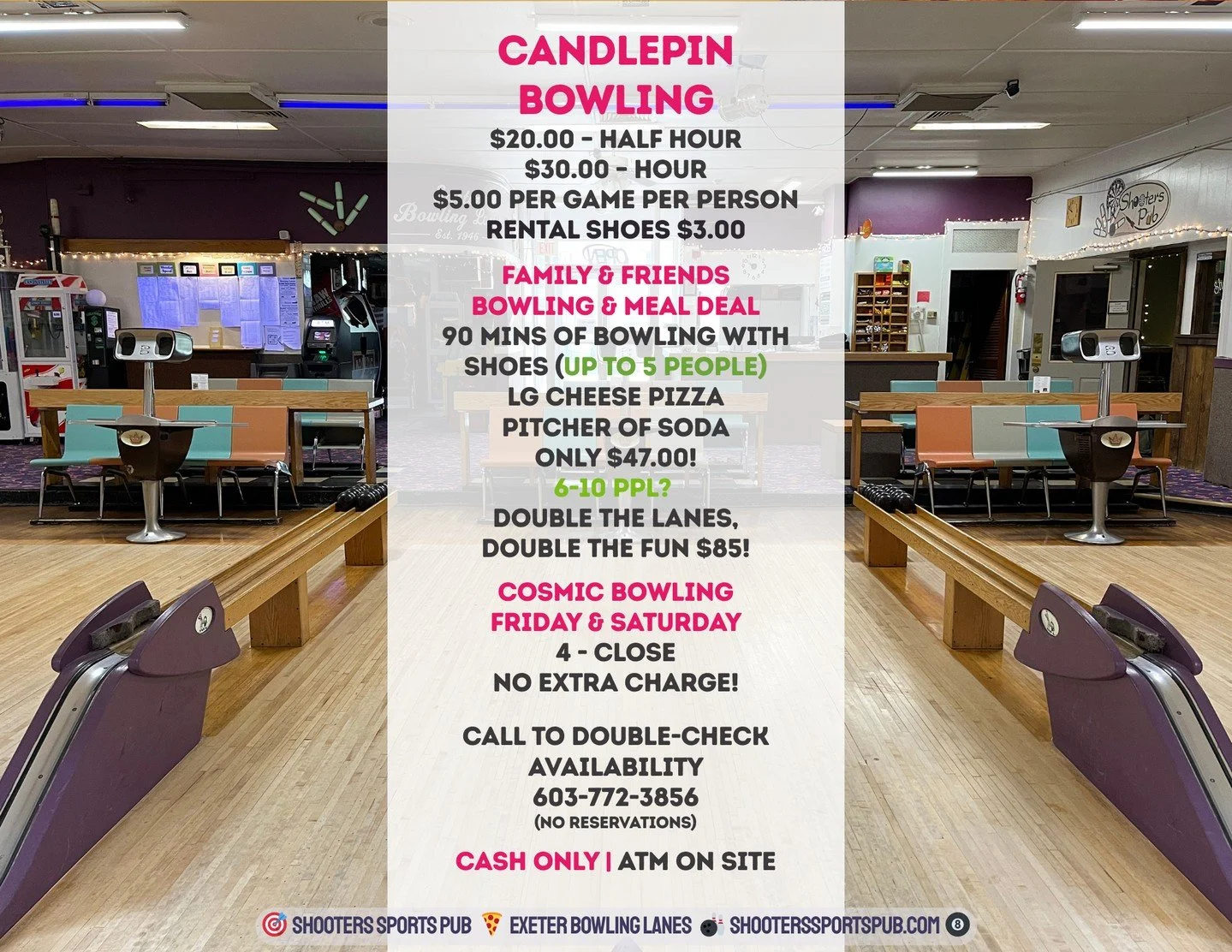 Fall weekends were made for candlepin.⁠
⁠
Our prices are simple. The fun is legit. And Cosmic Bowling (Fridays &amp; Saturdays from 4 PM on) is still no extra charge.⁠
⁠
🍕 Pizza deal? Check.⁠
👟 $3 shoes? Yup.⁠
💵 Cash only? You bet &mdash; we&rsquo