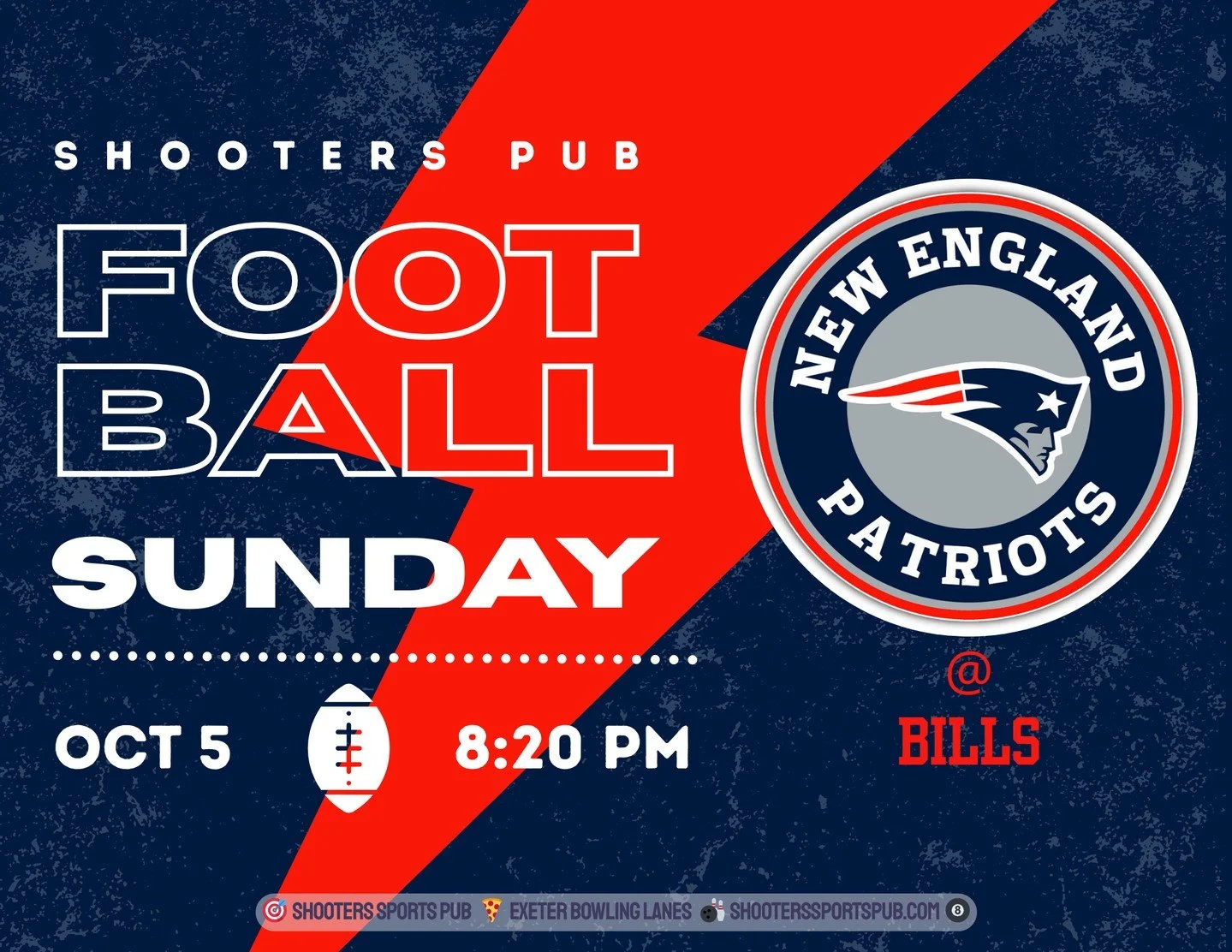 Patriots hit the road to take on Buffalo. ⁠
⁠
We&rsquo;ll have it live at 8:20pm. Night game energy + pub vibes = perfect Sunday.