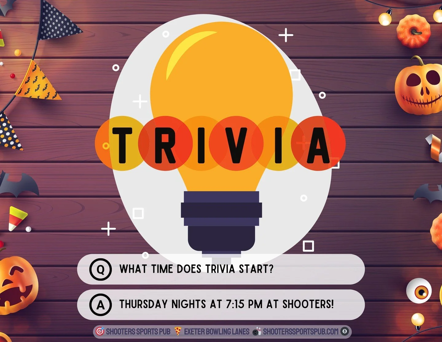 The candy corn is out. The questions are weird. And someone&rsquo;s definitely arguing about a horror movie release date.⁠
⁠
🧠 Trivia is every Thursday at 7:15 PM⁠
⁠
No costumes required (but we won&rsquo;t stop you).⁠
⁠
Come get spooky-smart!⁠