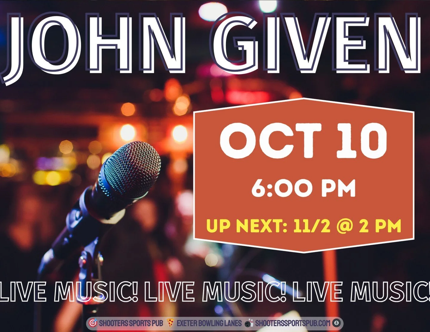 This week at Shooters is peak fall energy&mdash;live music, cozy cookout vibes, and a whole lot of flavor. 🍂🎸🍻⁠
⁠
🎤 John Given &ndash; Oct 10 at 6:00 PM⁠
Start the weekend strong with live tunes and no agenda. Patio&rsquo;s still open, beer&rsquo
