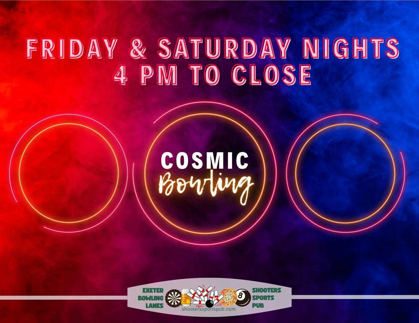 Friday and Saturday nights in Exeter light up under the blacklights.⁠
⁠
From 4 PM to close, Cosmic Bowling takes over with glowing lanes, good vibes, and a soundtrack that keeps things rolling. ⁠
⁠
Bring your friends, your date, or your inner 80s arc