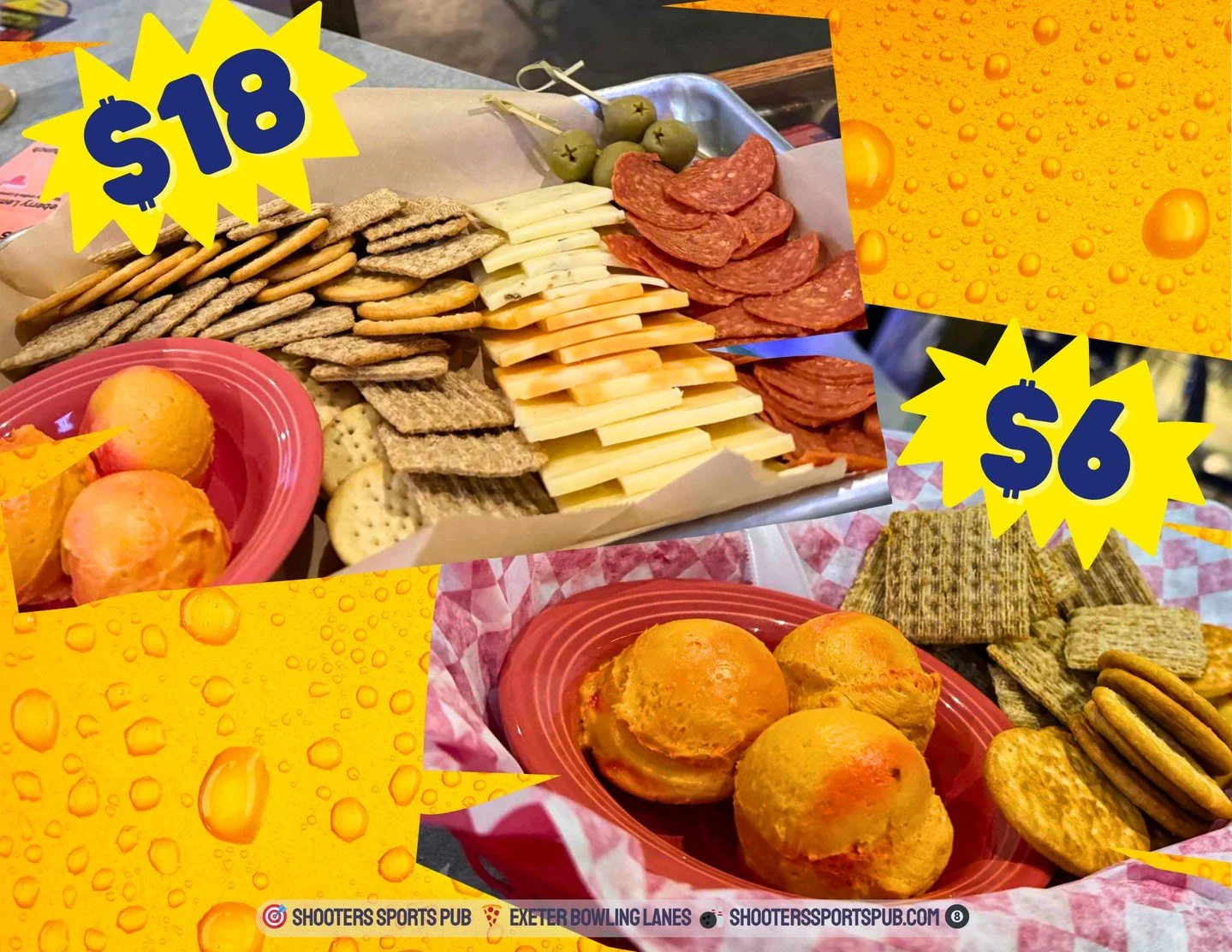 Grab pub cheese or wine cheese with crackers for just $6, or go all-in with the $18 charcuterie board -  with cheese, crackers, pepperoni, and olives.⁠
⁠
Available Sunday through Tuesday while the games roll and the drinks stay cold.⁠