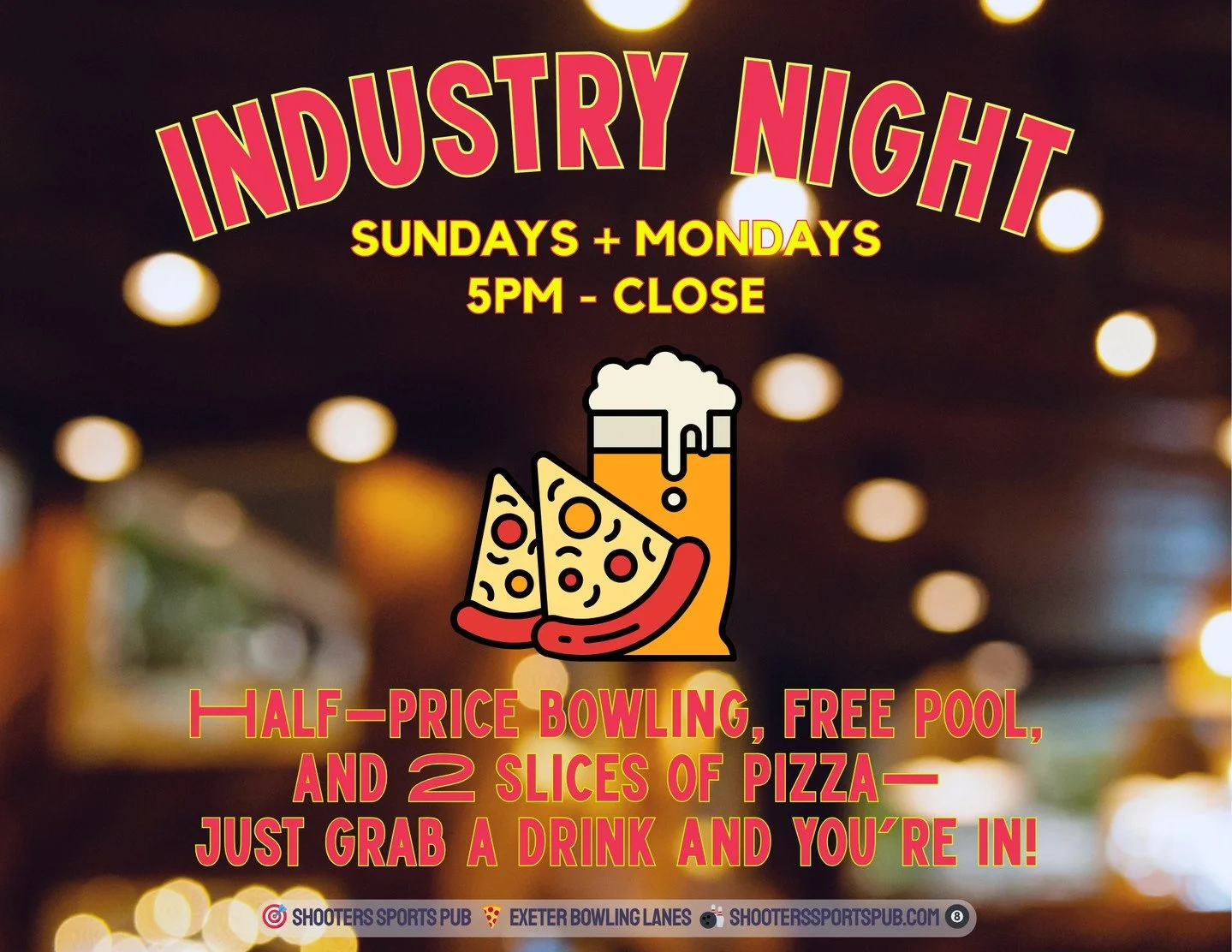 Work in restaurants? Behind a bar? ⁠
⁠
This one&rsquo;s for you.⁠
⁠
Sunday and Monday nights: half-price bowling, free pool, and two slices on us when you grab a drink.⁠
⁠
You keep Exeter running. We&rsquo;ll keep the beer cold.⁠