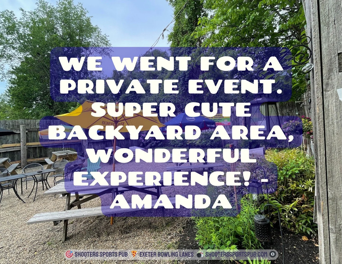 Thinking about a private event next year?⁠
⁠
Our backyard space is cozy, casual, and easy to make your own. ⁠
⁠
Amanda had a great time here and your group could too.⁠
⁠
Reach out if you want to lock in a date.⁠