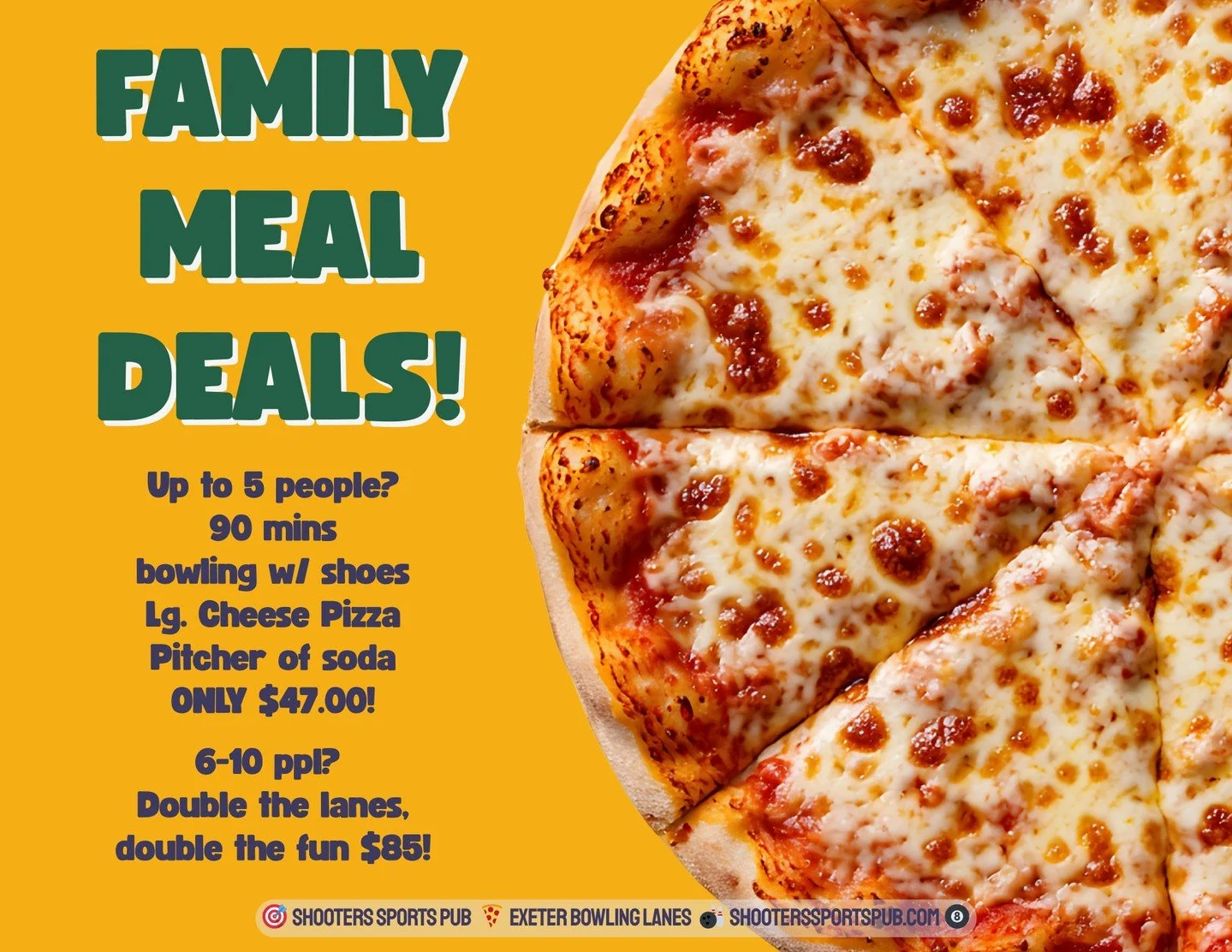 Family nights hit different when there&rsquo;s a lane involved. Roll for bragging rights, crush a cheesy pizza, and let someone else handle dinner for once. ⁠
⁠
Our Family Meal Deals keep everyone fed, entertained, and out of the kitchen. Ready to ma