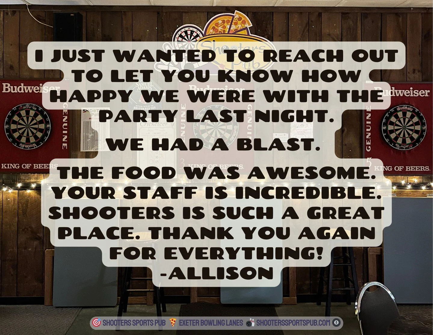 Holiday gatherings, team get-togethers, or just an excuse to get everyone in the same room. Allison&rsquo;s crew had a great night and yours will too. Ask about booking the pub for your next event.