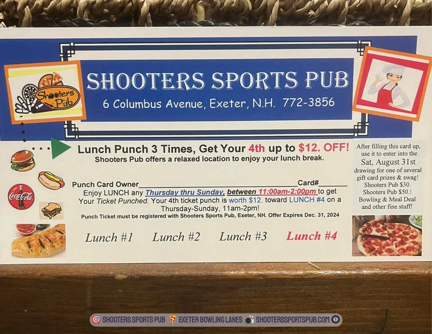 If you&rsquo;re here for lunch Thursday through Sunday, grab a punch card at the bar. ⁠
⁠
Three lunches punched and your fourth is up to twelve dollars off. ⁠
⁠
Simple, easy, and a solid excuse to make Shooters your midday spot.