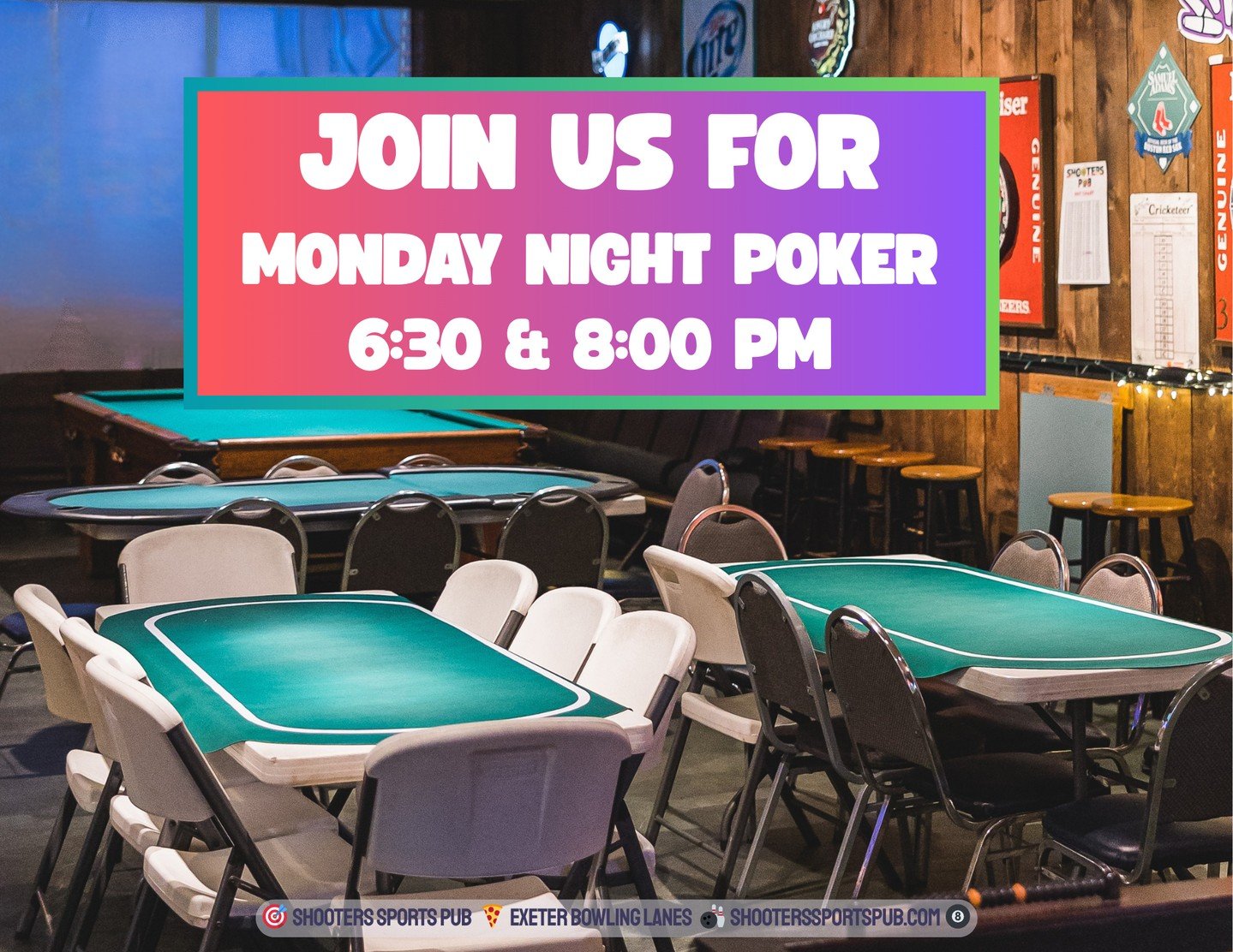 If you&rsquo;re looking to unwind after the weekend, Monday night poker is the move. Two games, 6:30 and 8:00, and plenty of room at the tables. Grab a seat and play a few hands.