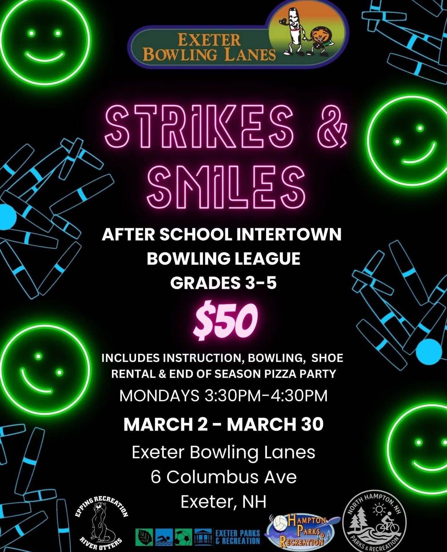 Strikes &amp; Smiles brings kids from multiple towns together on the lanes, with support from Epping Recreation (River Otters), Exeter Parks &amp; Recreation, Hampton Parks &amp; Recreation, and North Hampton Parks &amp; Recreation.⁠
⁠
Bowling skills