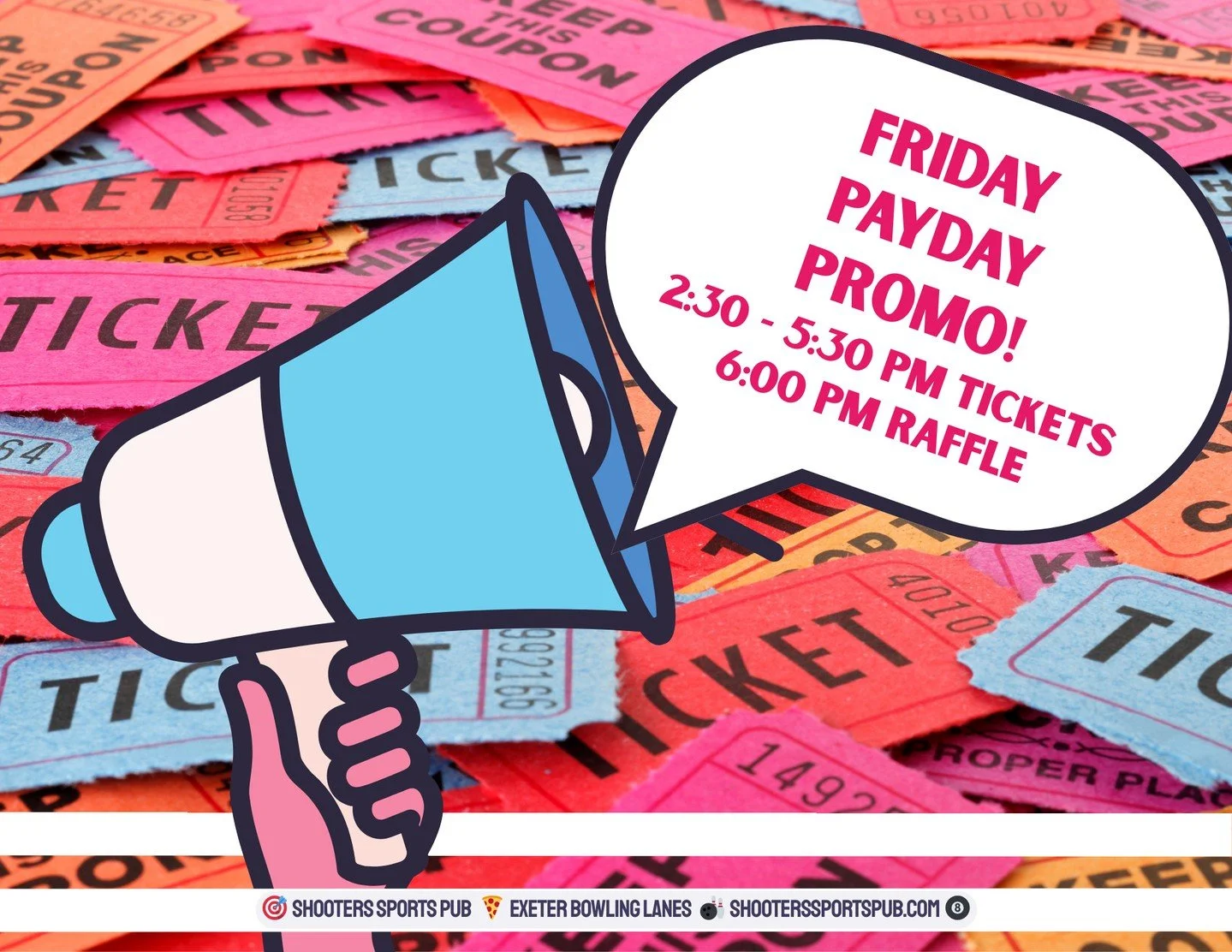 Payday Promo runs from 2:30&ndash;5:30 PM. ⁠
Every drink gets you a raffle ticket, with drawings at 6:00 PM for swag and the 50/50.⁠
You do need to be here when your ticket&rsquo;s called. If it rolls over, the cash carries into next week.⁠