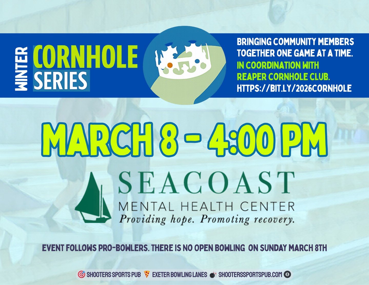 We&rsquo;ve got something different taking over the lanes on March 8.⁠
⁠
Our Winter Cornhole Series lands here at 4:00 PM in coordination with Reaper Cornhole Club, following the morning pro bowlers.⁠
⁠
Round Robin w/ double elimination. $25 player e