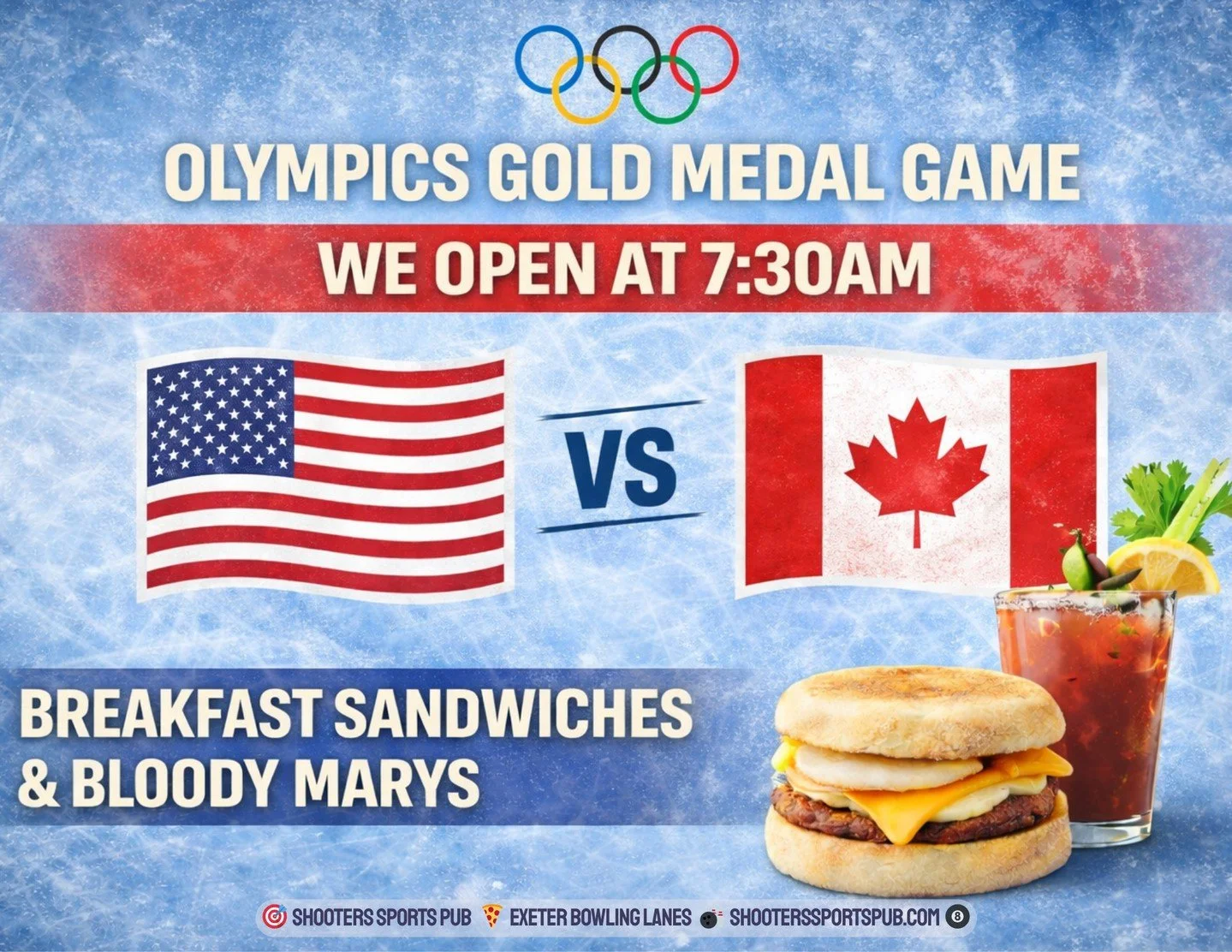 We&rsquo;re opening at 7:30 am on Sunday for the Olympics gold medal hockey game.⁠
⁠
Breakfast sandwiches and Bloody Marys are ready first thing!