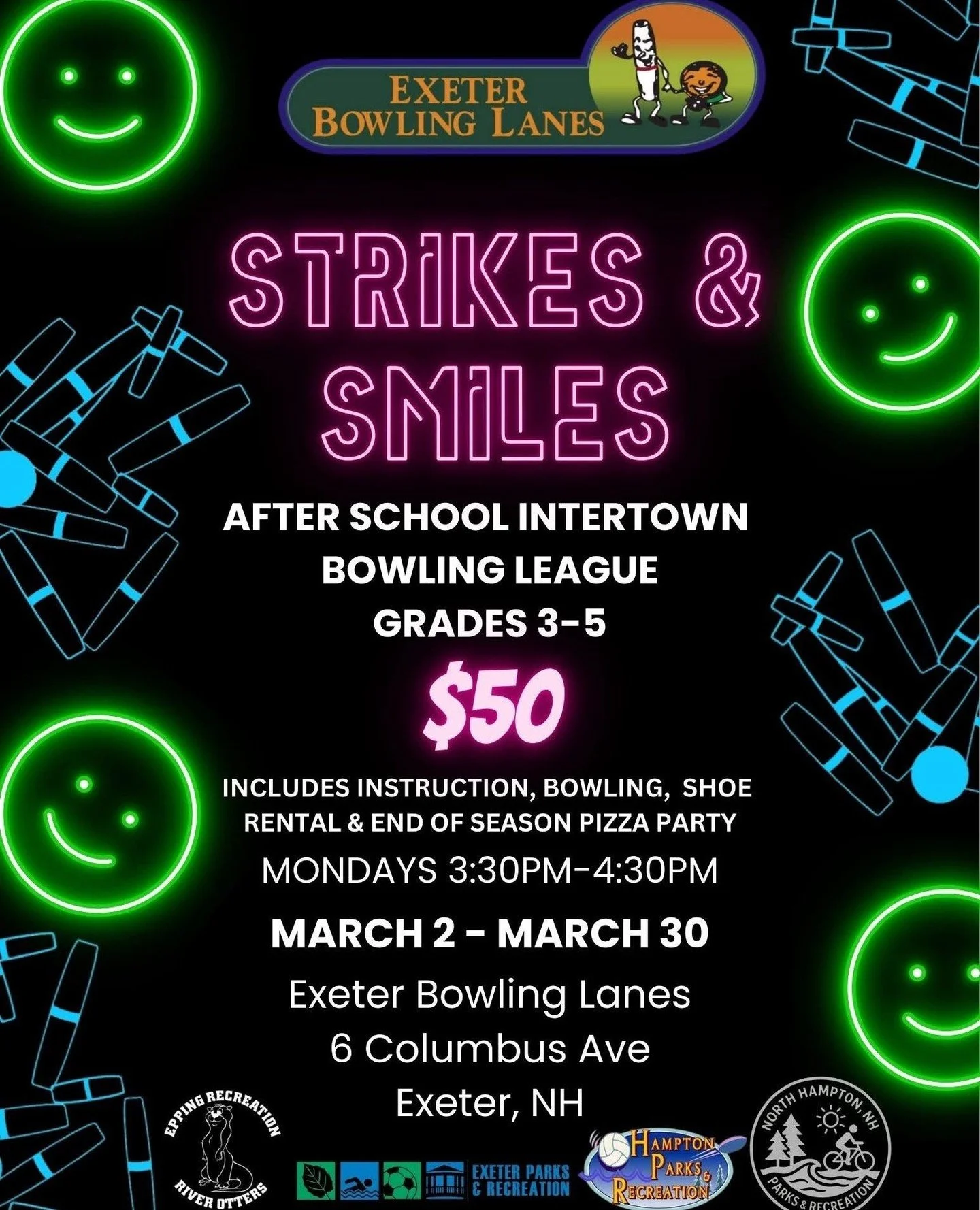Strikes &amp; Smiles isn&rsquo;t just a bowling program, it&rsquo;s a shared effort across towns.⁠
With Epping Recreation (River Otters), Exeter Parks &amp; Recreation, Hampton Parks &amp; Recreation, and North Hampton Parks &amp; Recreation all invo