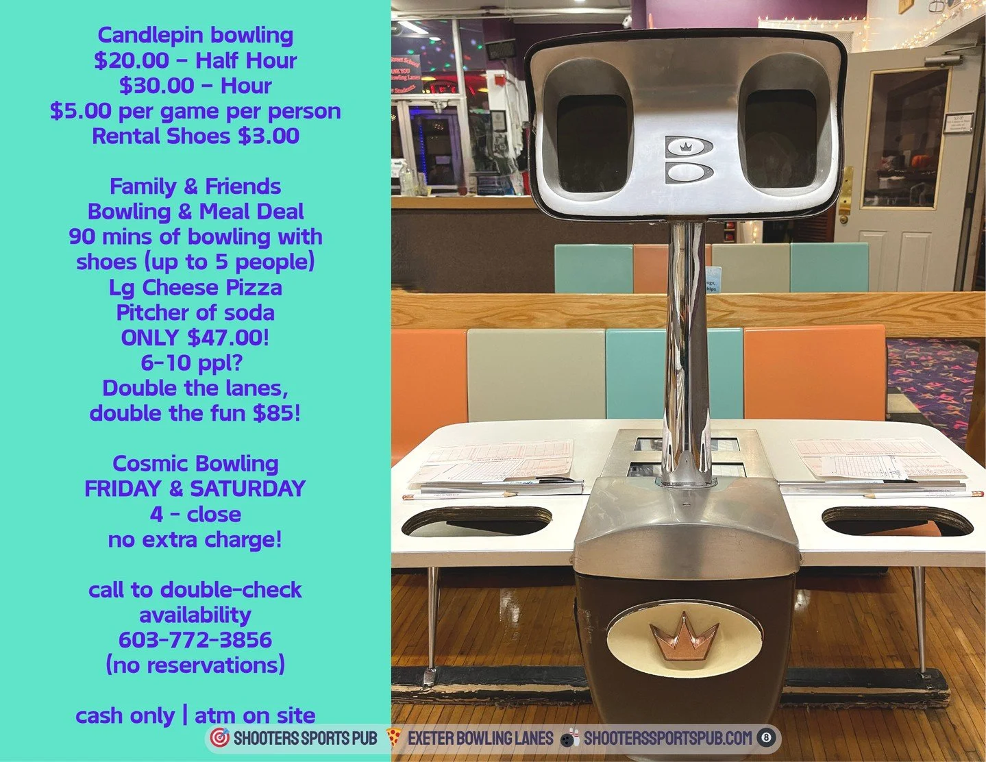 Open bowling is priced by time or by game, and shoes are available.⁠
Calling ahead can save you a wait, especially on busy nights.⁠
⁠
Heads Up - This Sunday, the lanes will be occupied by Pro Bowlers &amp; the Cornhole Fundraiser. ⁠
⁠
NO Open bowling