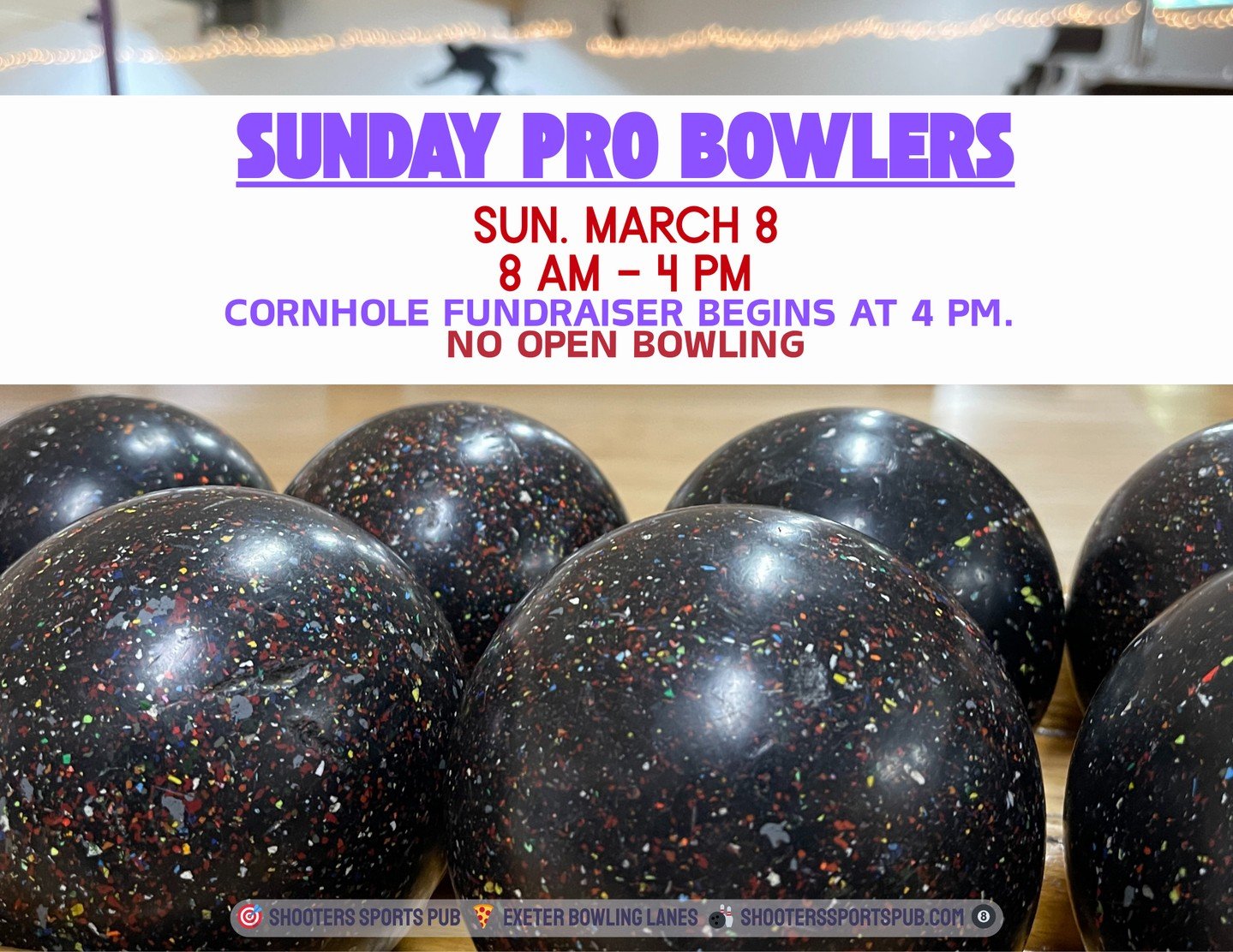 Sunday, March 8⁠
⁠
Pro bowlers start the day on the lanes.⁠
⁠
At 4:00 PM, the Winter Cornhole Series begins.⁠
⁠
This cornhole event is a fundraiser supporting Seacoast Mental Health Center. The community is welcome to stop by, cheer on the players, a