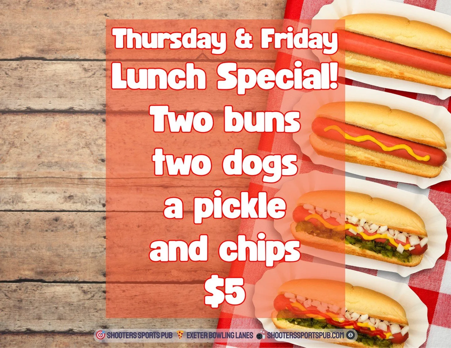 Thursday and Friday lunch keeps it straightforward.⁠
Two dogs, buns, chips, a pickle, five bucks.⁠
Good stop if you&rsquo;re out running errands and don&rsquo;t want to overthink it.⁠