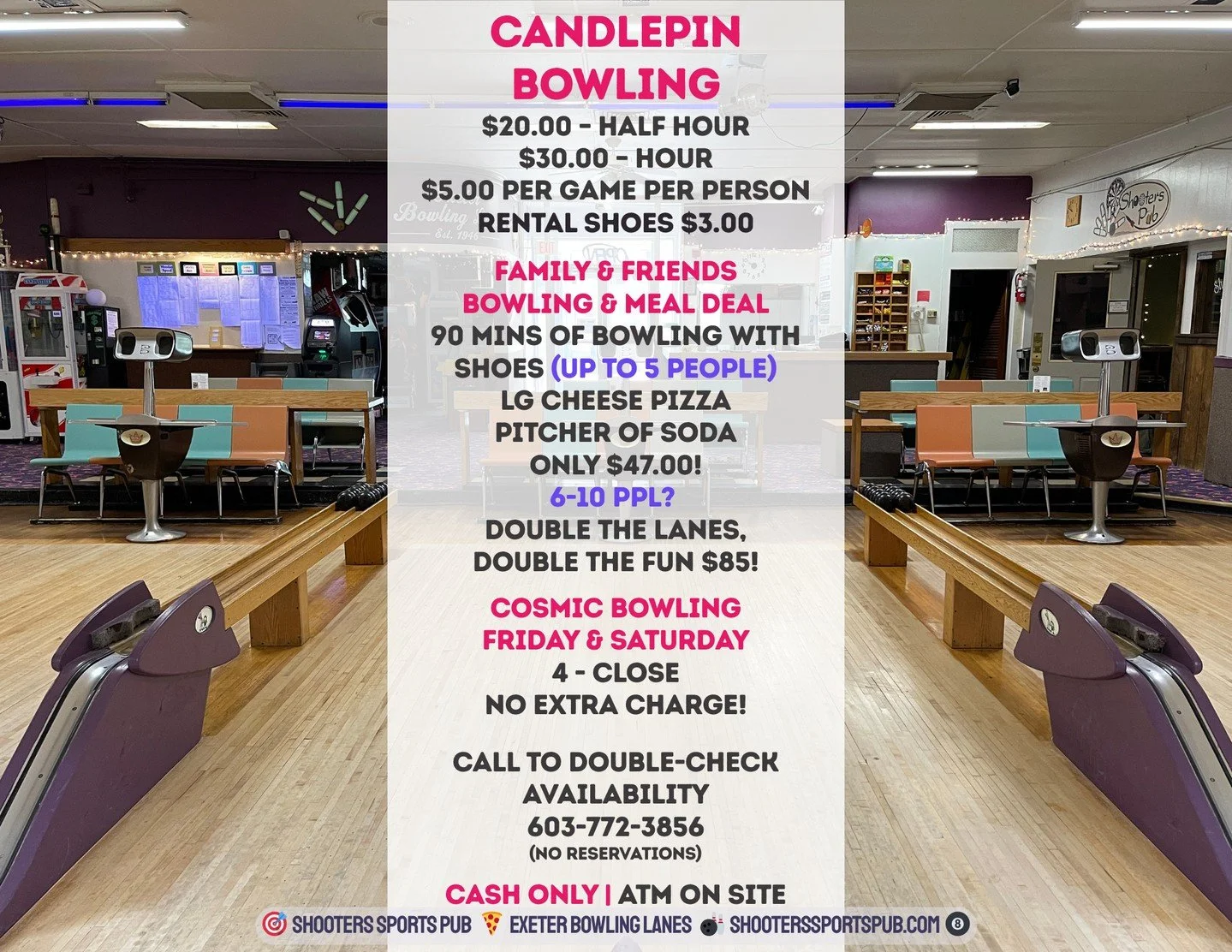 Coming in for a few strings of candlepin?⁠
You can pay by the game or by time. Shoes are at the counter.⁠
If the lanes aren&rsquo;t reserved for a league or event, you&rsquo;re good to go. ⁠
If you&rsquo;re planning around a specific time, a quick ca