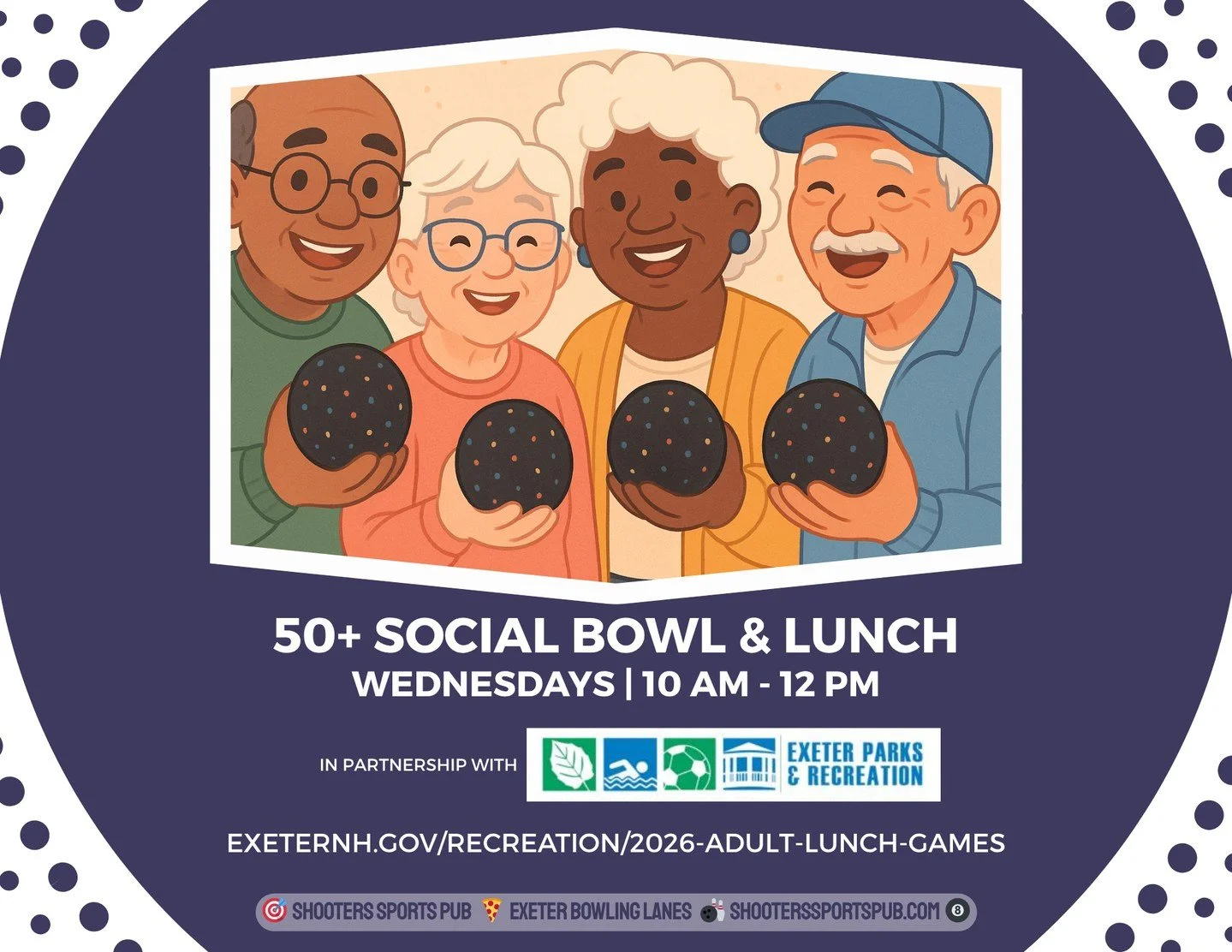 Wednesdays from 10 to noon.⁠
Bowling, lunch, and time together between strings.⁠
Some stay on the lanes, others move over to cards or billiards.⁠
It&rsquo;s best to sign up for the whole series through Exeter Parks &amp; Rec, but if you can only drop