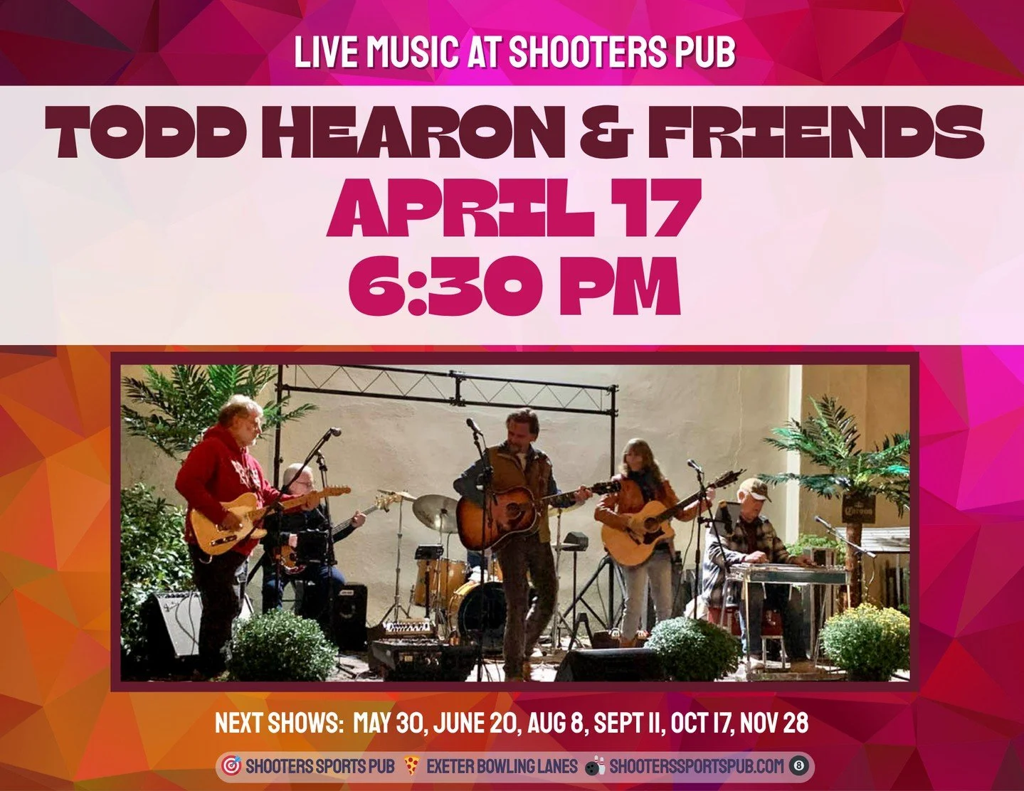 Live music starts picking up again today:⁠
April 17 &ndash; Todd Hearon &amp; Friends⁠
May 1 &ndash; John Given and the Mercenaries⁠
May 2 &ndash; Brian Walker⁠
May 22 &ndash; Tim Theriault⁠
And it keeps going from there into June, July, and beyond.⁠