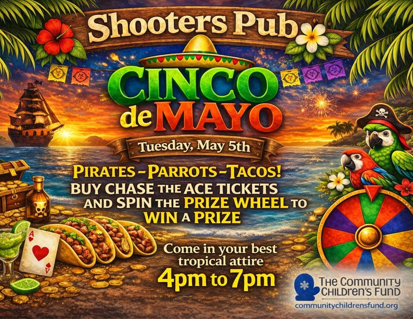 Cinco de Mayo plans made.⁠
Pirates, parrots, tacos, and the prize wheel all in the mix.⁠
Buy a drink, get a shot at the wheel, see what happens from there.⁠