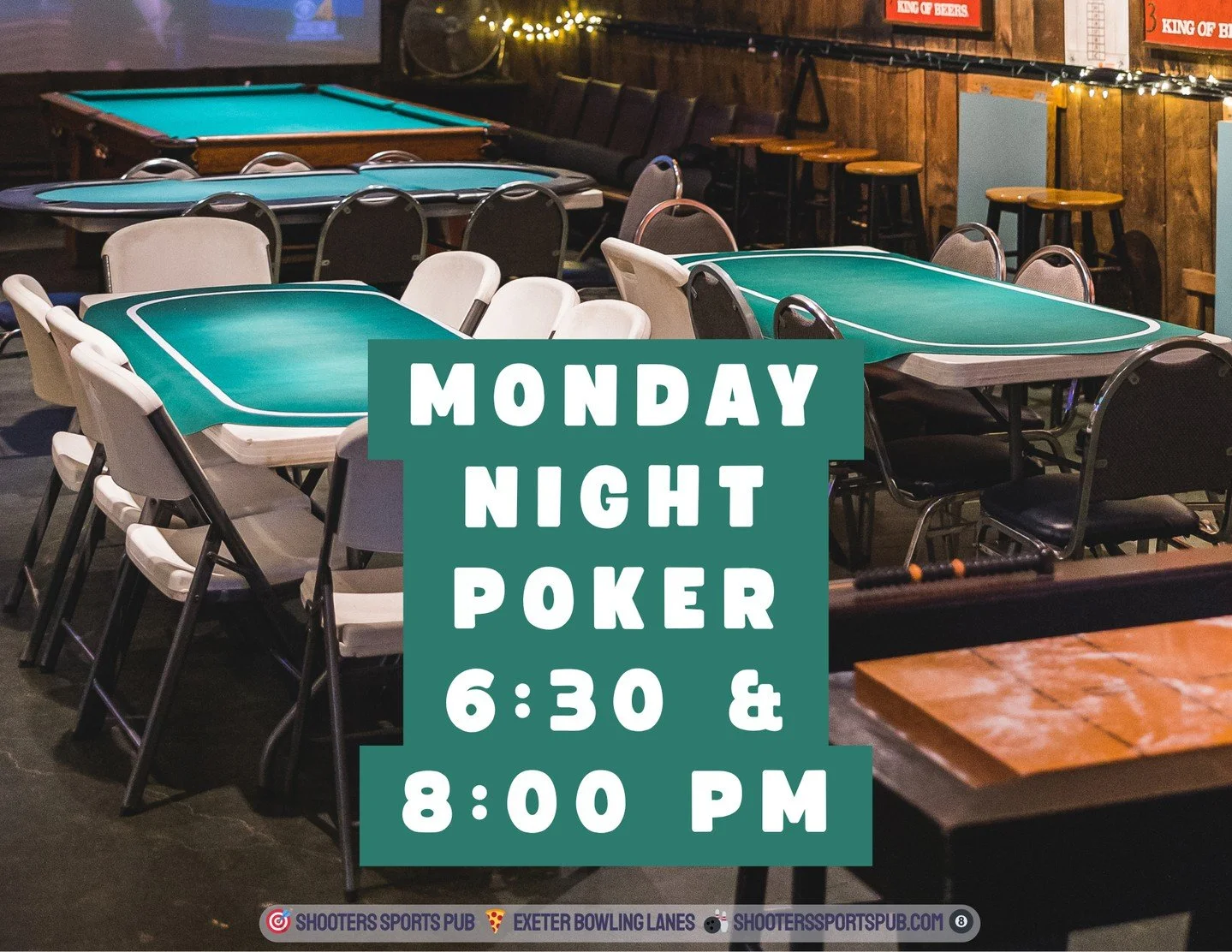 Mondays are poker.⁠
Two games, 6:30 and 8.⁠