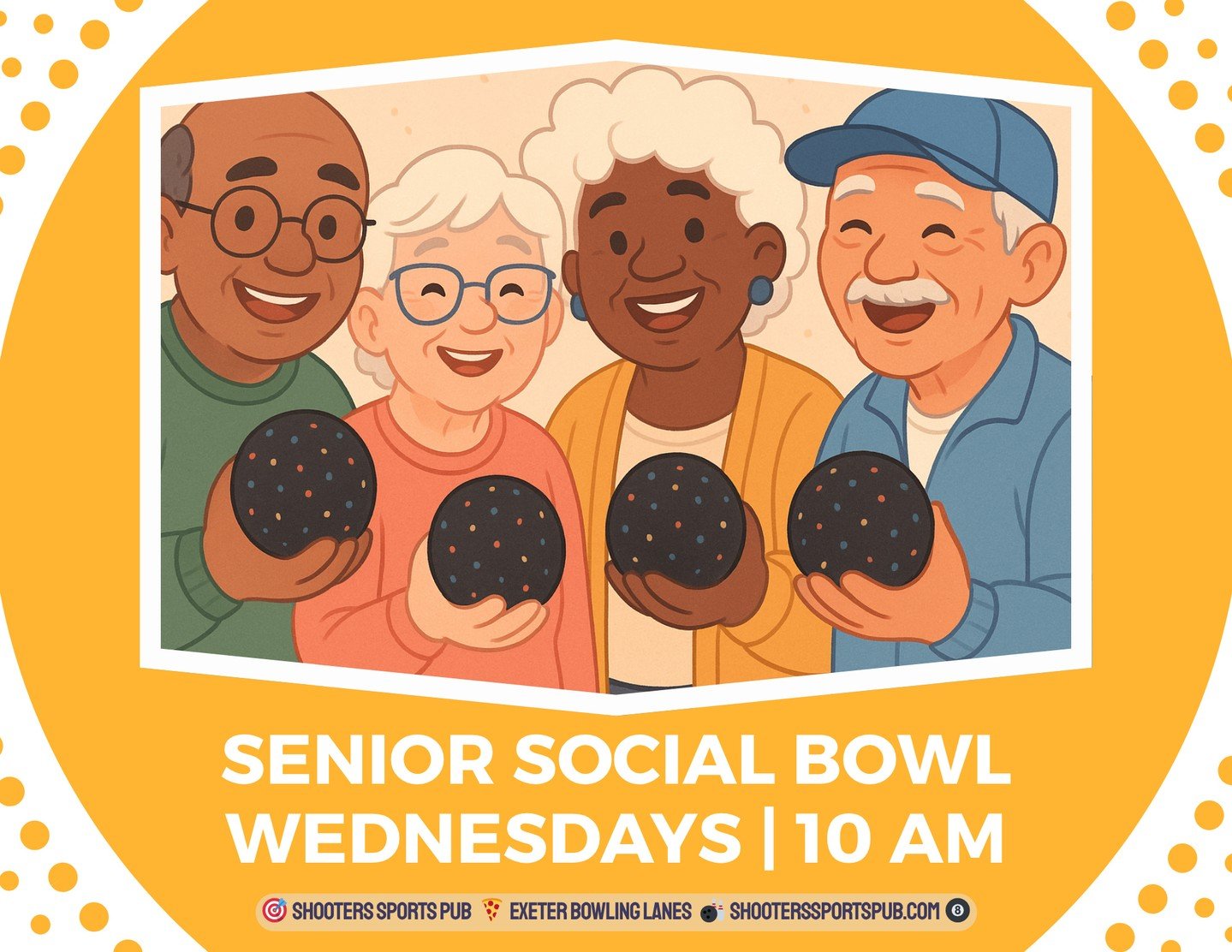 Wednesday at 10:00⁠
Ages 50+⁠
No teams⁠
10:00&ndash;11:30 bowling⁠
Pizza and salad after⁠
$12⁠
Shoes included