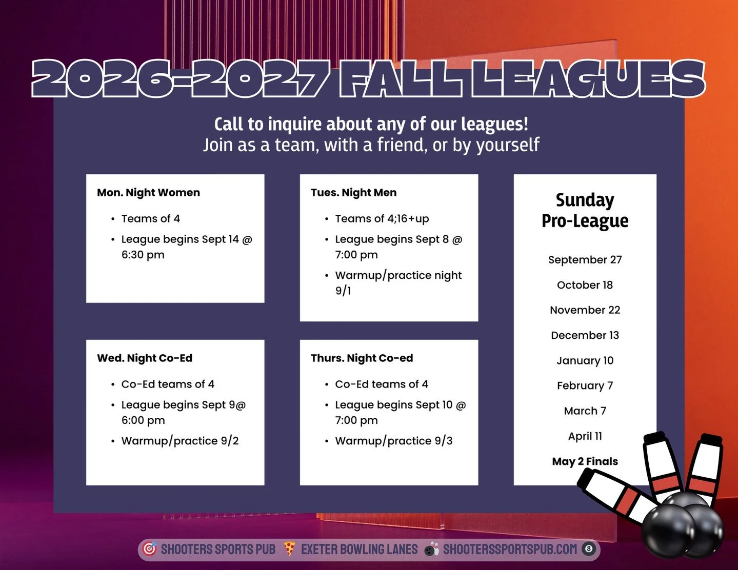 2026&ndash;2027 Leagues are open.⁠
Join as a team, with a friend, or by yourself.⁠
⁠
We&rsquo;ll match you up or tell you what&rsquo;s open.⁠
Call the desk. 603-772-3856⁠