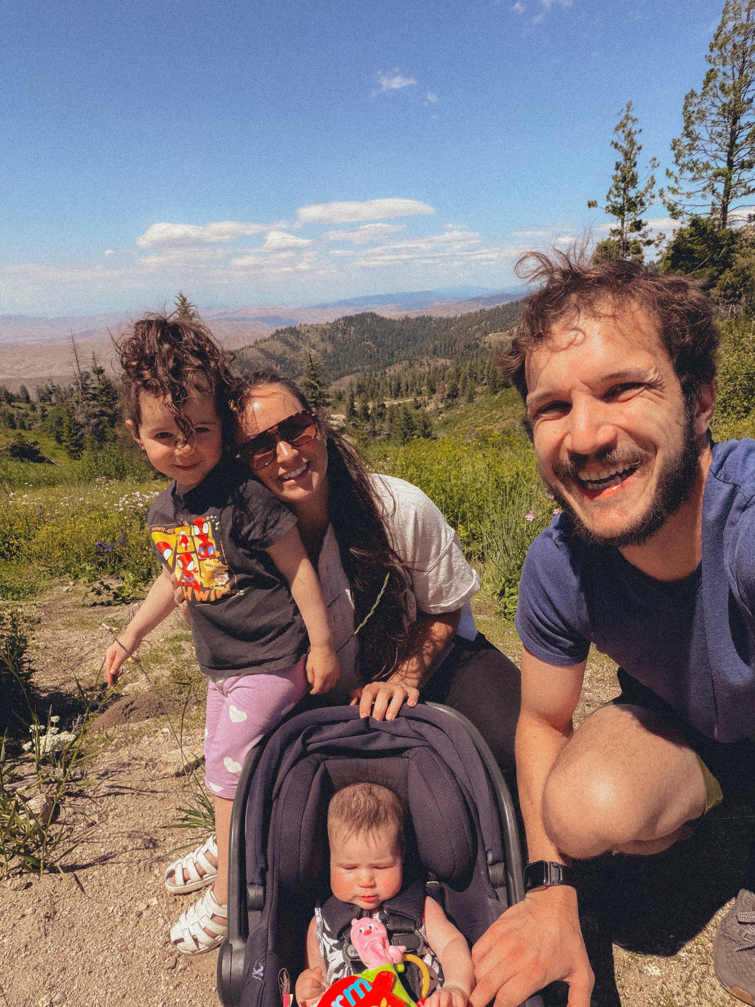 A family of four taking a selfie outdoors in a mountainous area with green hills and trees under a blue sky. The family includes a man, a woman wearing sunglasses, a young girl, and a baby in a stroller.