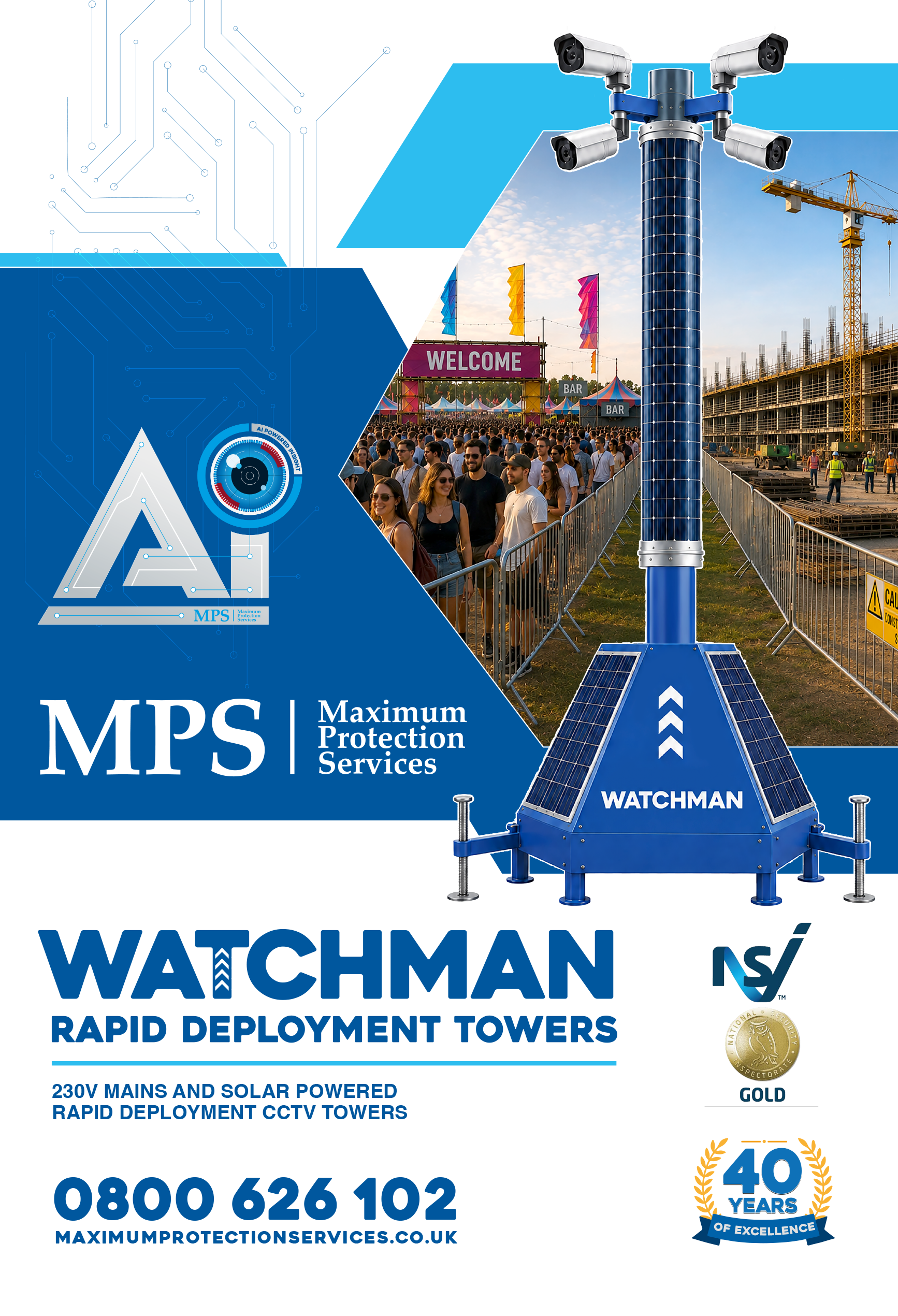 MPS Watchman solar-powered rapid-deployment CCTV tower for temporary and remote site security.
