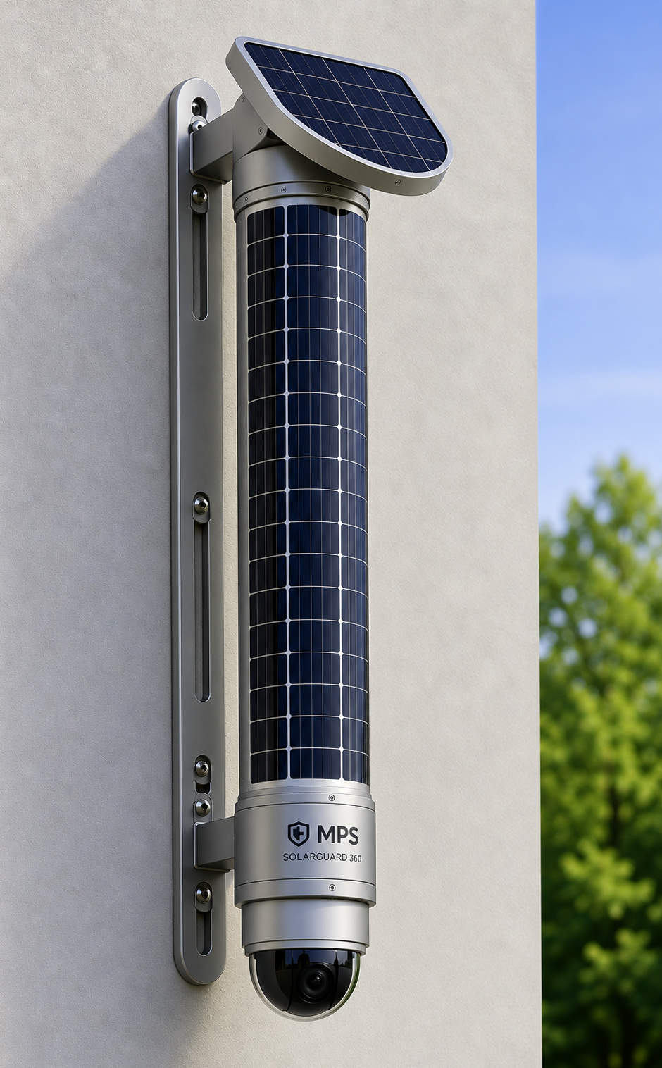 MPS SolarGuard 360 wall-mounted solar CCTV system with integrated solar panels for off-grid site security.