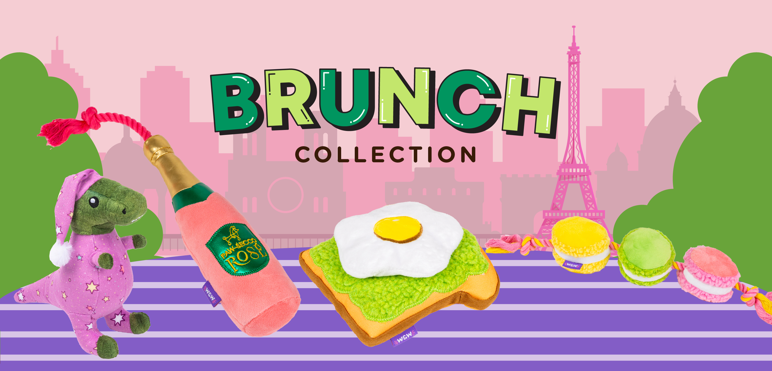 Brunch dog toys; Paw-secco Rose, Avocado Toast, Macaron rope toy, and Slumber party Dino