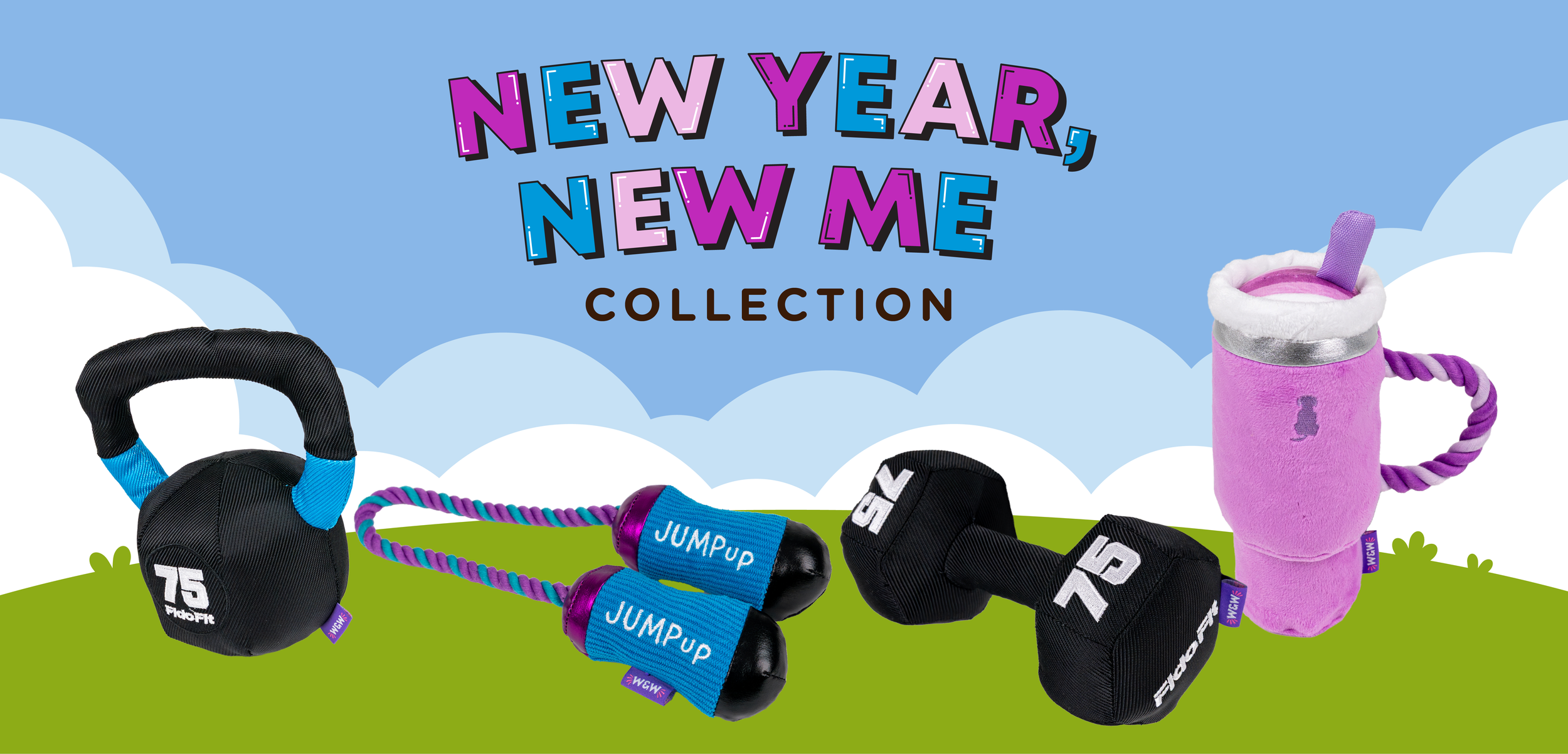 New Year dog toys: Dumbbell, Jump Rope, Weight, Trendy Water Bottle