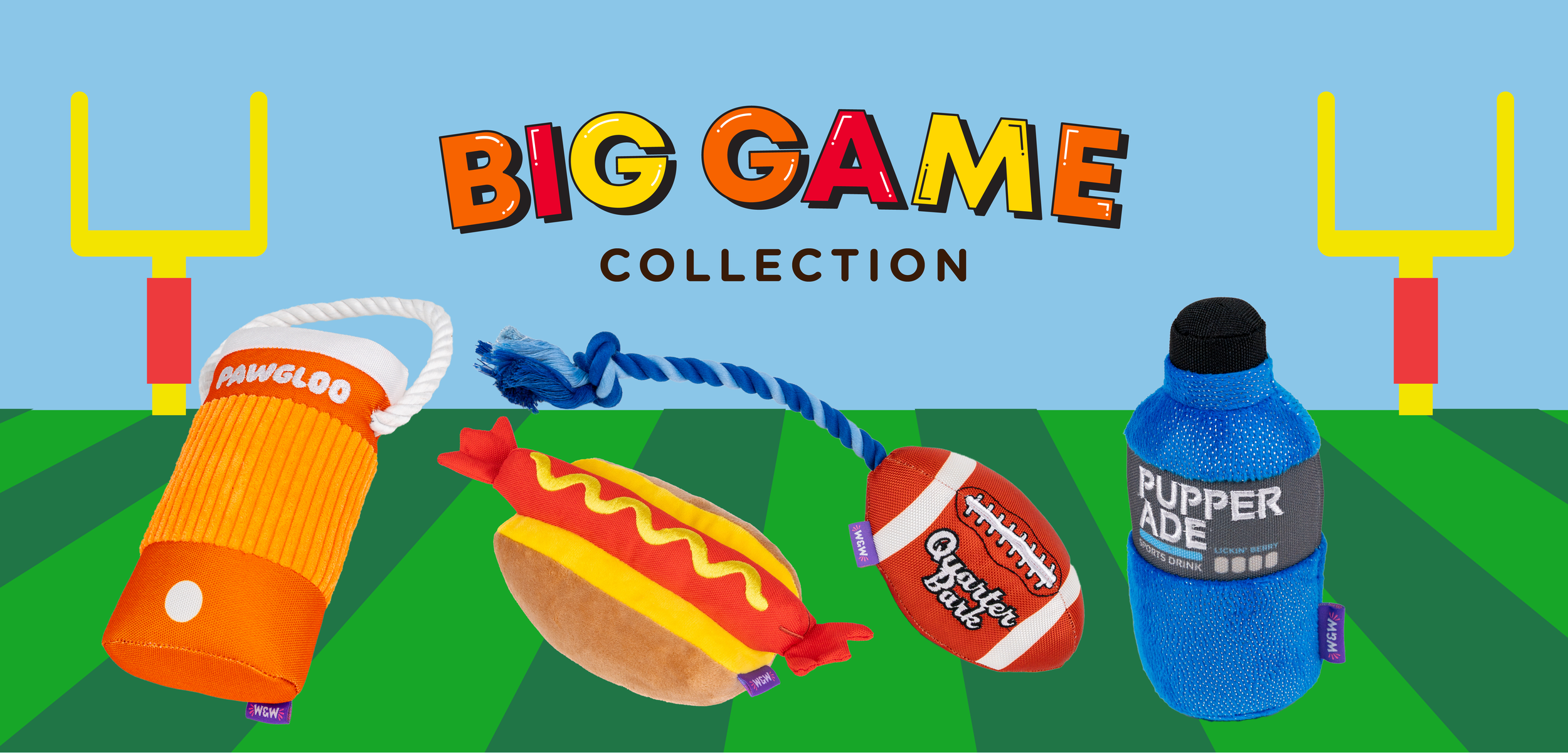 Football dog toys: Hotdog, Electrolyte drink, Football rope toy, and Water Jug