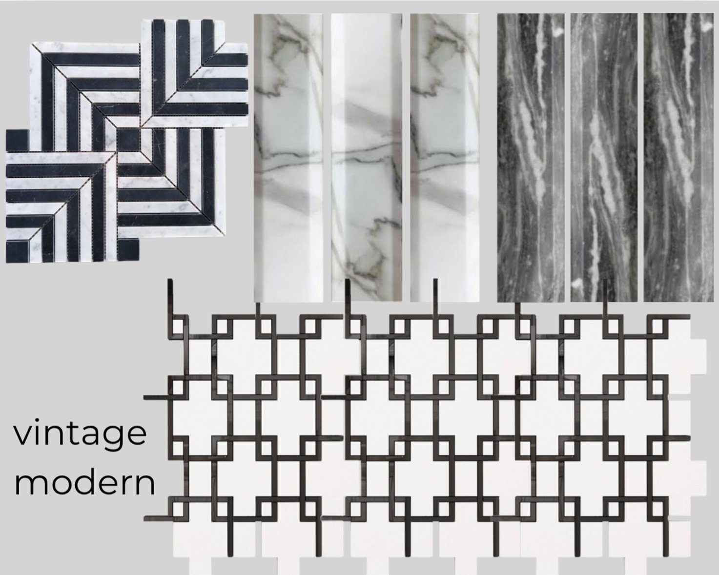 PUCCINI MAZE Marble Mosaic, PUCCINI Broadway II Marble dimensional subway tile, PUCCINI Neo Scottish Arts Marble + Metal mosaic
